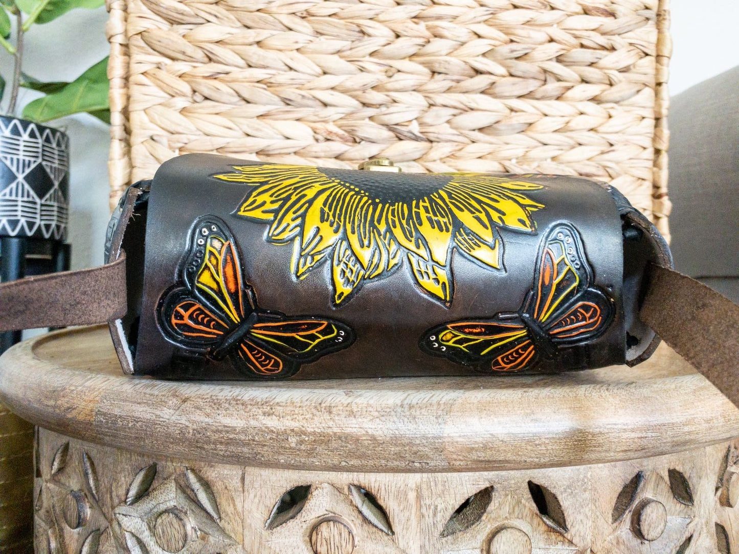 Hand Tooled Leather Sunflower Butterfly Crossbody Purse – Floral Mexican Artisan Bag – Structured Genuine Leather
