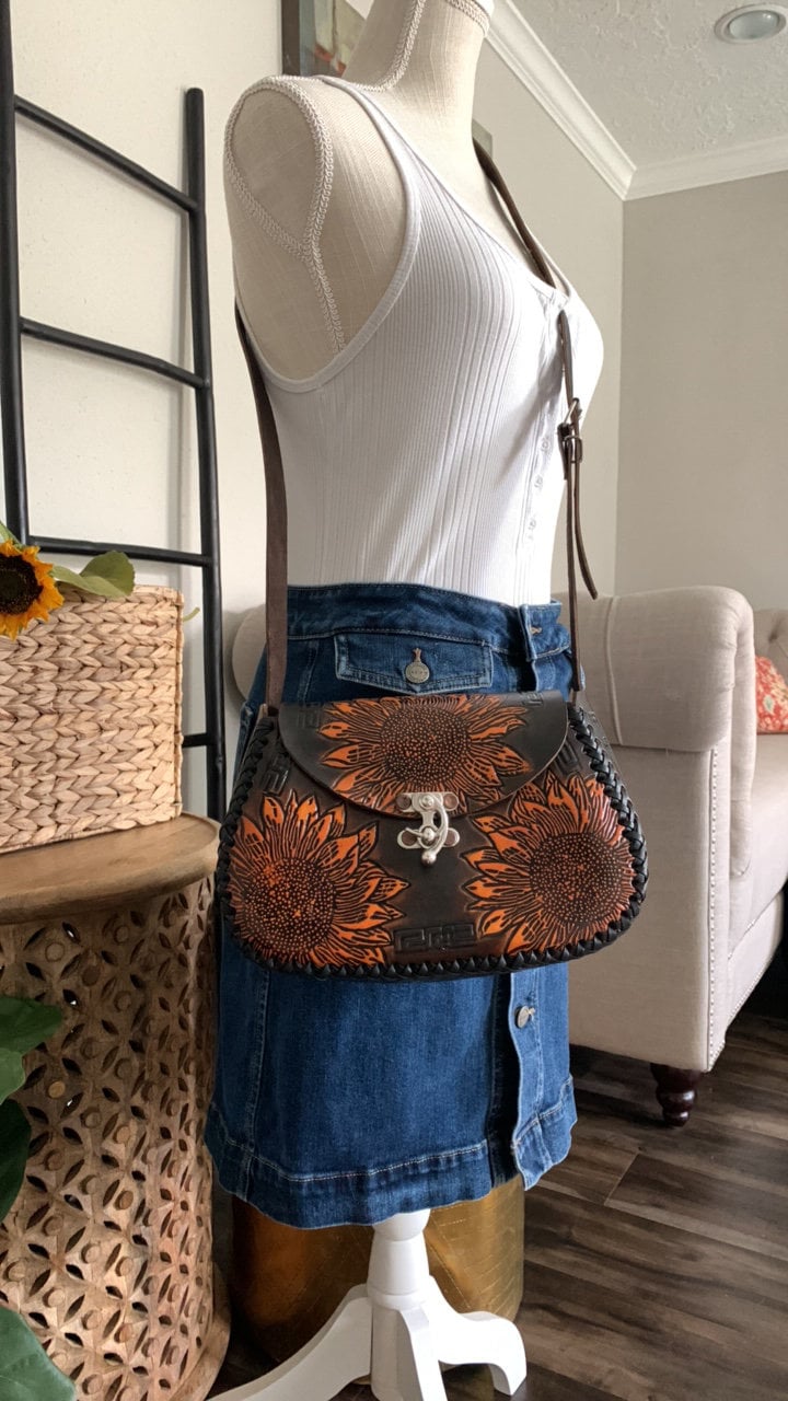 Hand Tooled Leather Crossbody Purse – Sunflower Artisan Bag, Mexican Cincelada Technique