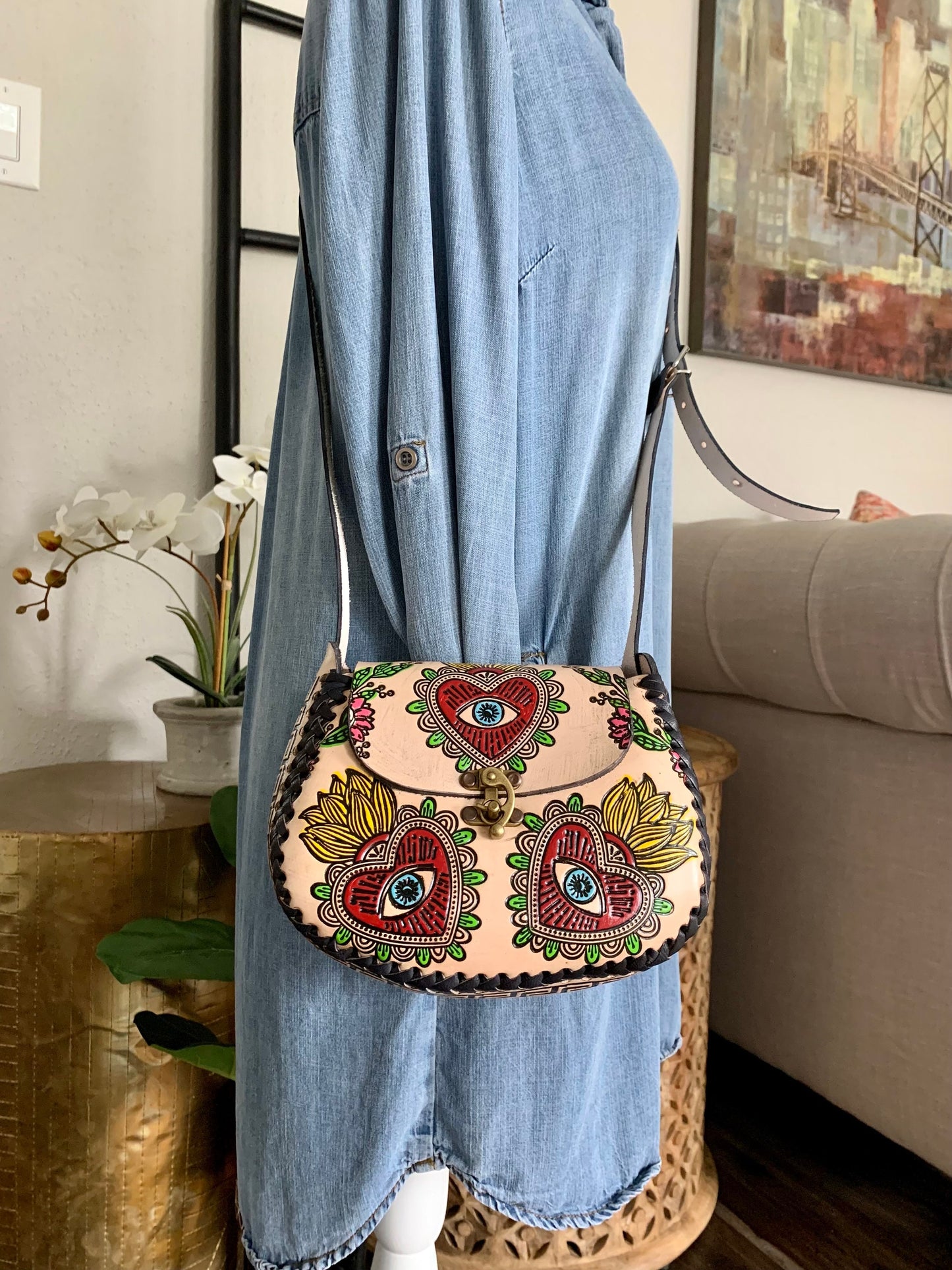 Hand-Tooled Embossed Leather Evil Eye and Sacred Heart Floral Purse: Mexican Artisan Handbag