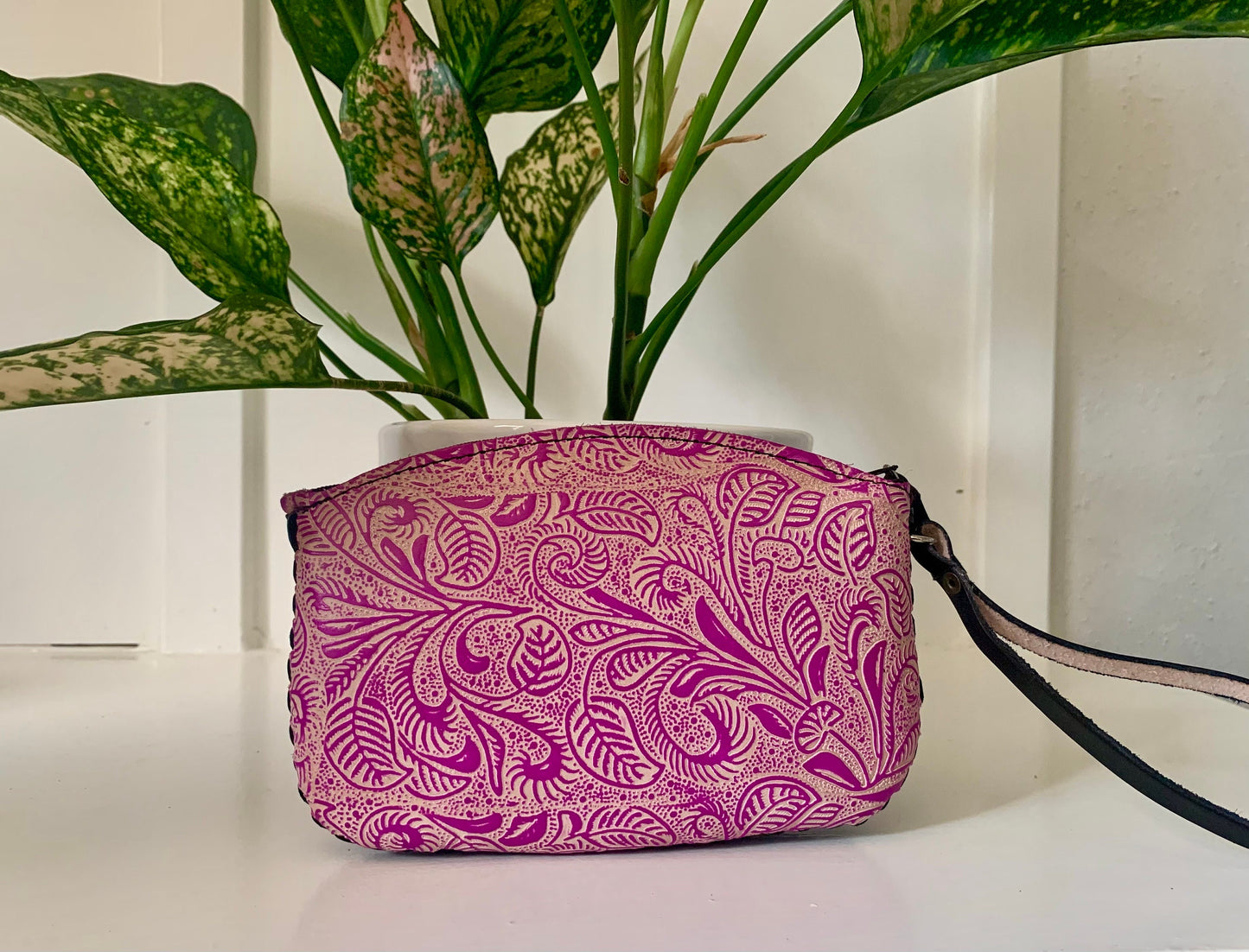 Hand-Tooled Leather Wristlet: Embossed Floral Design, Made in Mexico