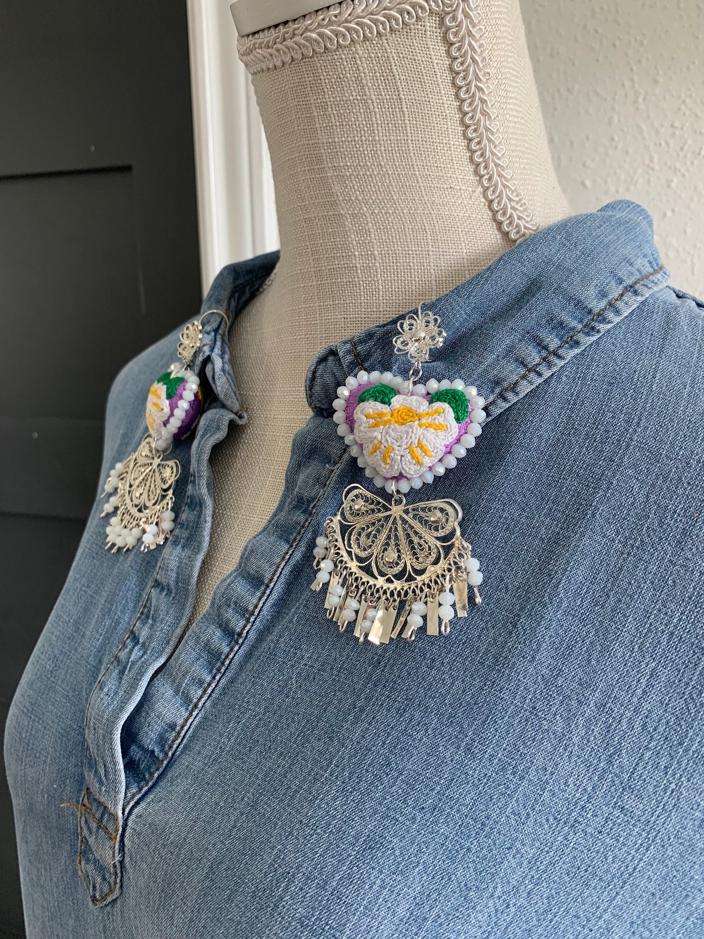 Embroidered Heart Earrings: Traditional Mexican Porcelain Jewelry