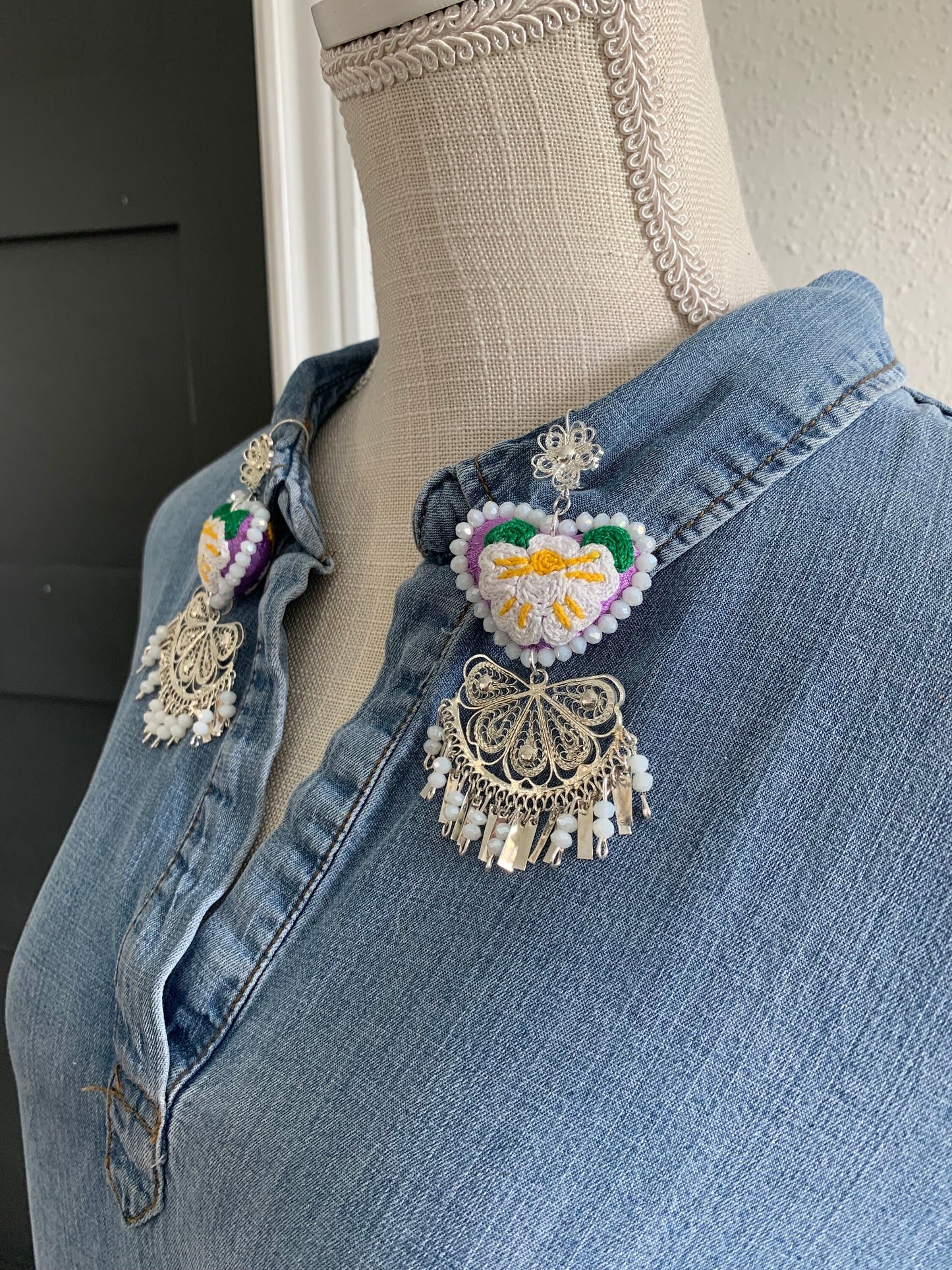 Embroidered Heart Earrings: Traditional Mexican Porcelain Jewelry