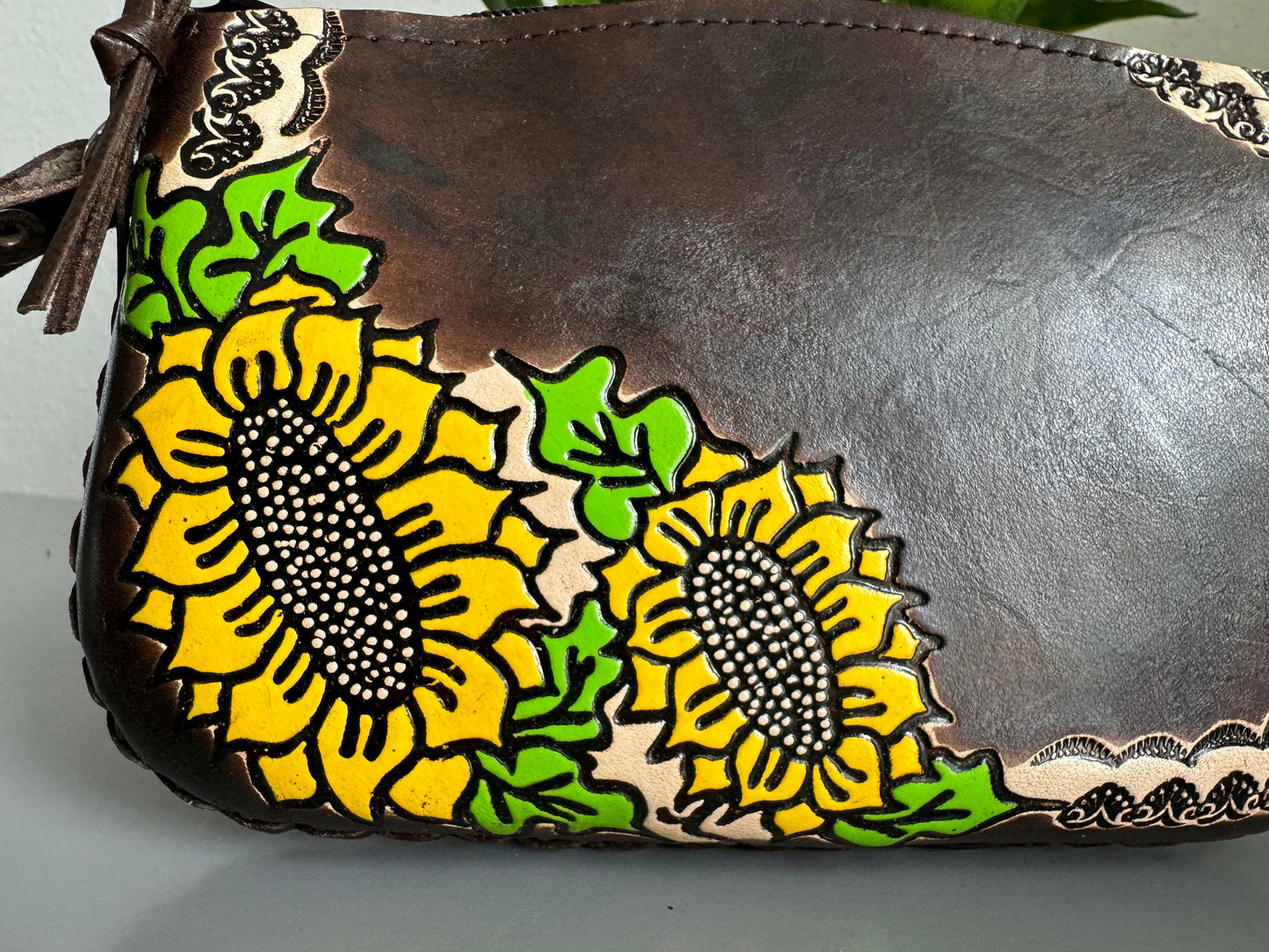Hand-Tooled Embossed Leather Floral Sunflower Wristlet, Genuine Mexican Leather Bag