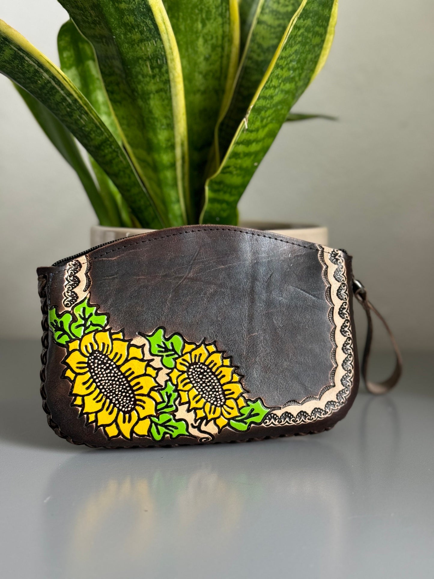 Hand-Tooled Embossed Leather Floral Sunflower Wristlet, Genuine Mexican Leather Bag