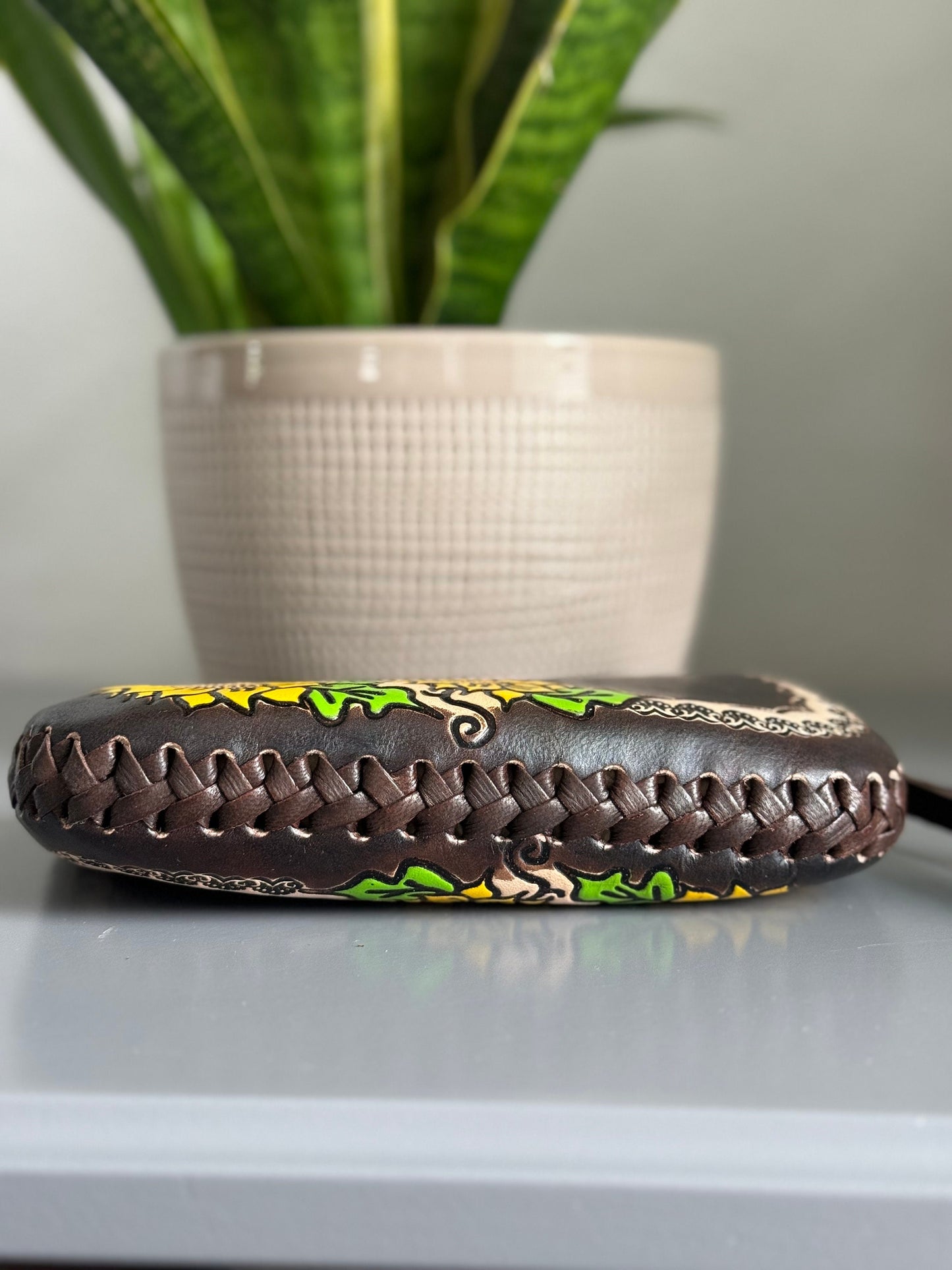 Hand-Tooled Embossed Leather Floral Sunflower Wristlet, Genuine Mexican Leather Bag