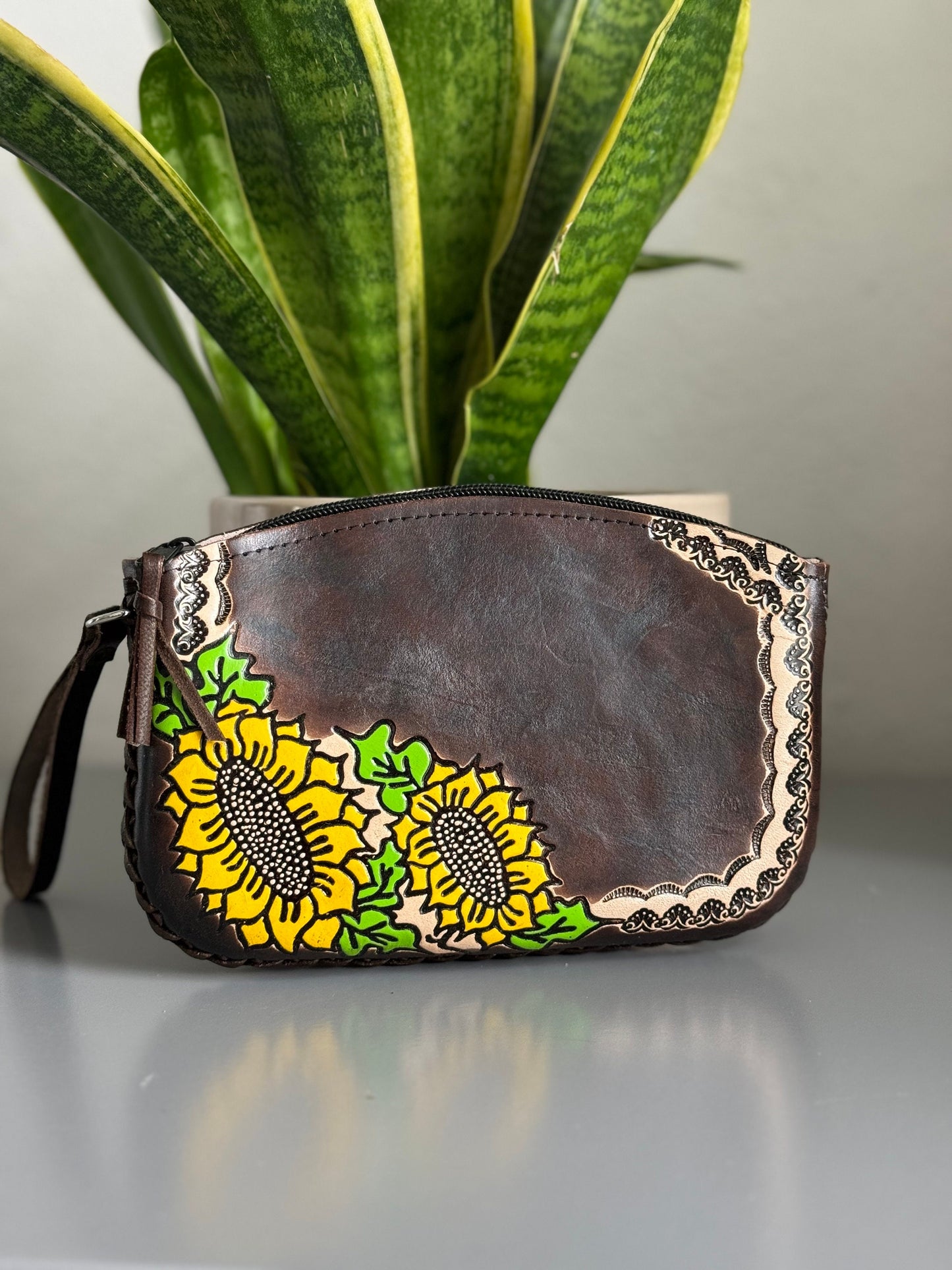 Hand-Tooled Embossed Leather Floral Sunflower Wristlet, Genuine Mexican Leather Bag