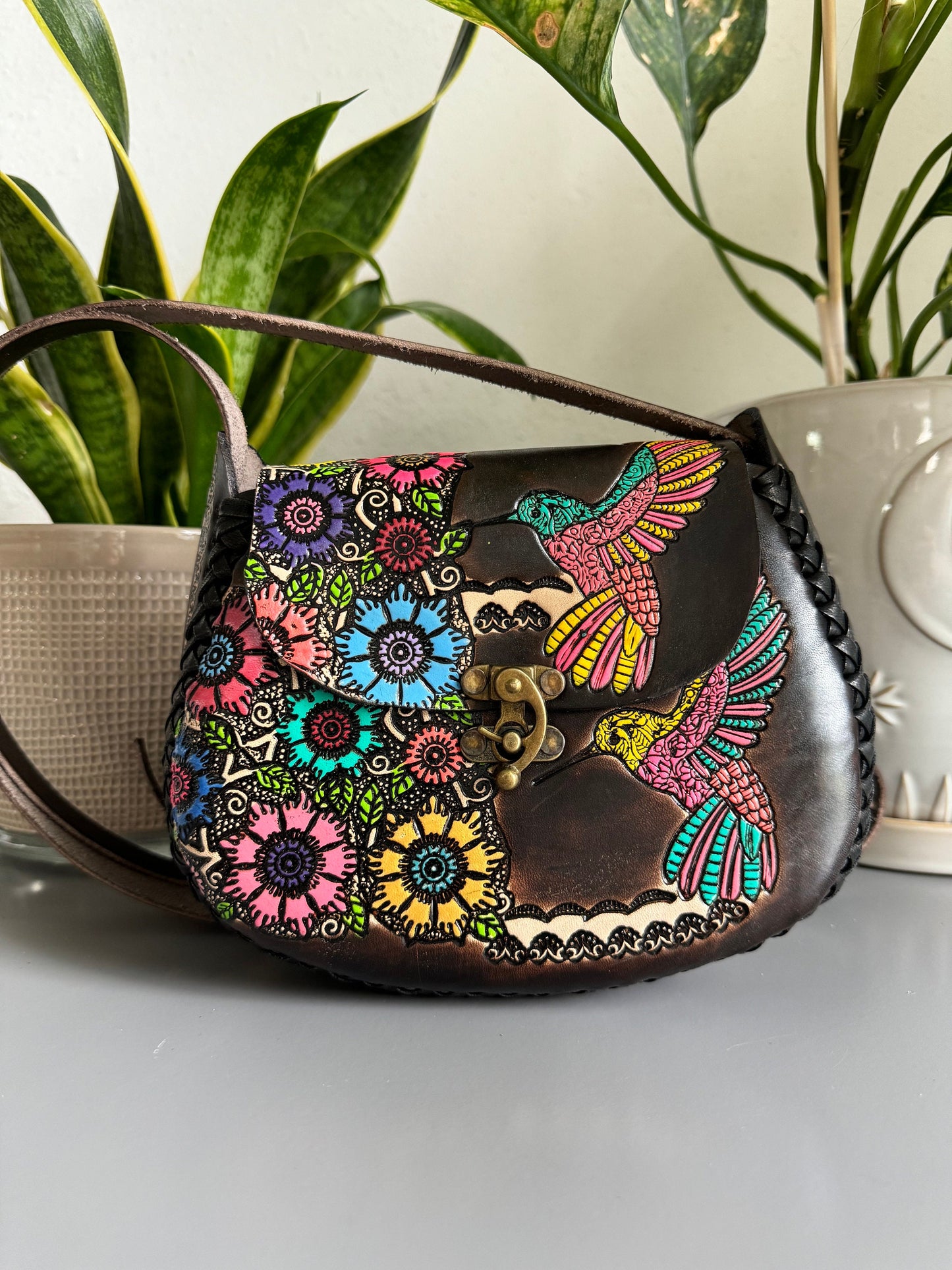 Hand-Tooled Leather Hummingbird Purse, Handmade Mexican Bag, Bolsa de Piel, Artesania Mexicana