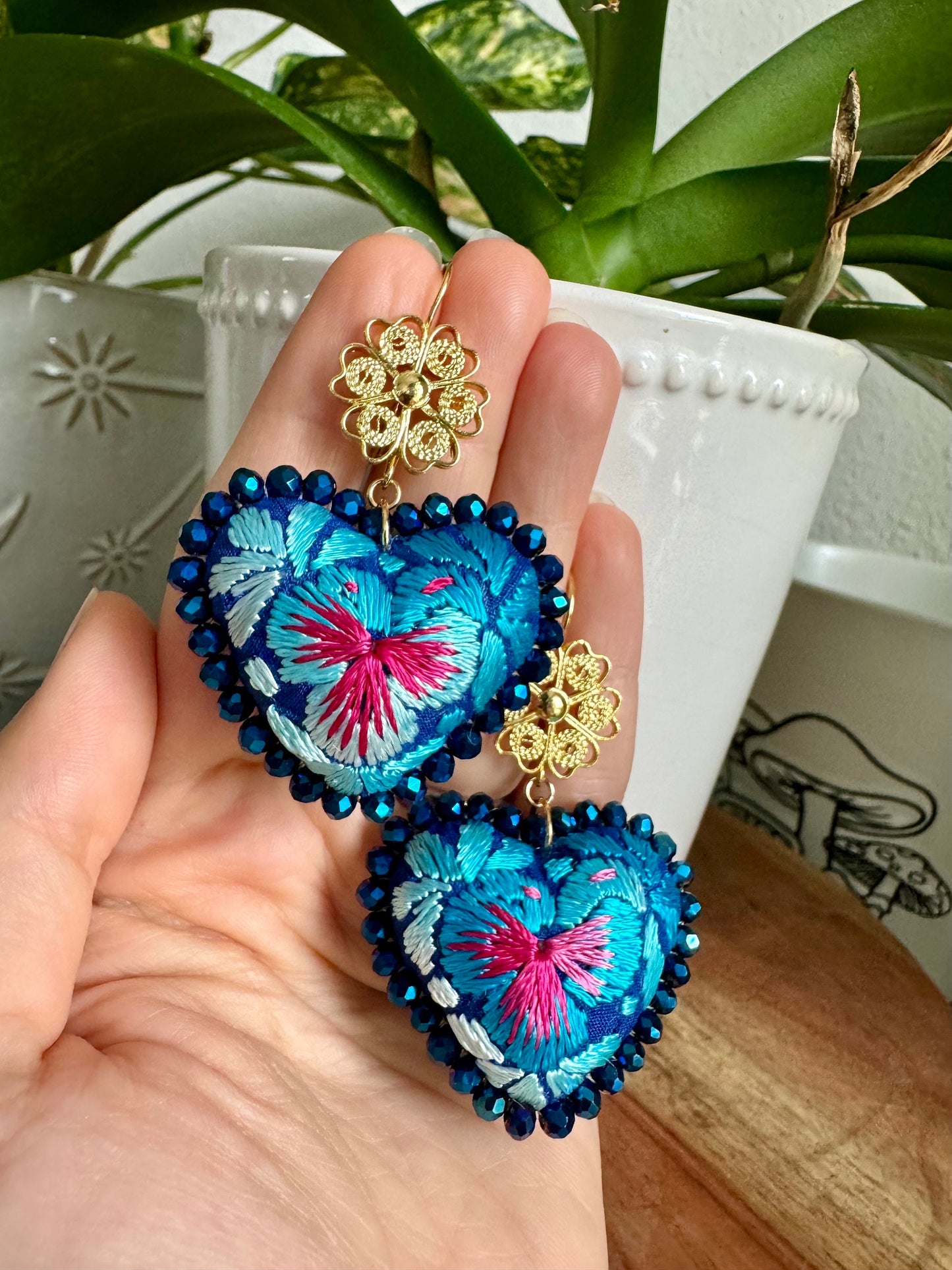 Embroidered Heart Earrings: Mexican Filigree, Hand-Beaded