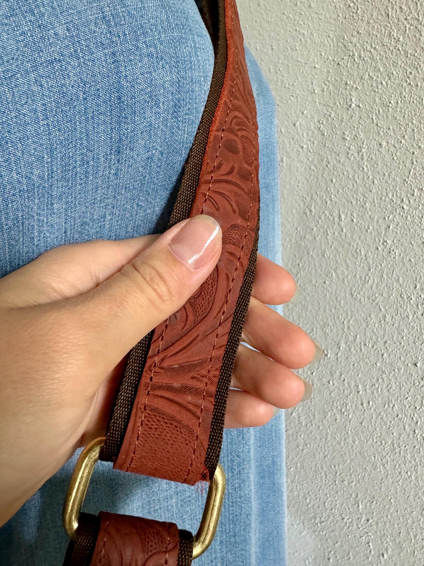 Hand-Tooled Leather Crossbody Bag: Embossed Floral Design, Handmade Mexican Purse