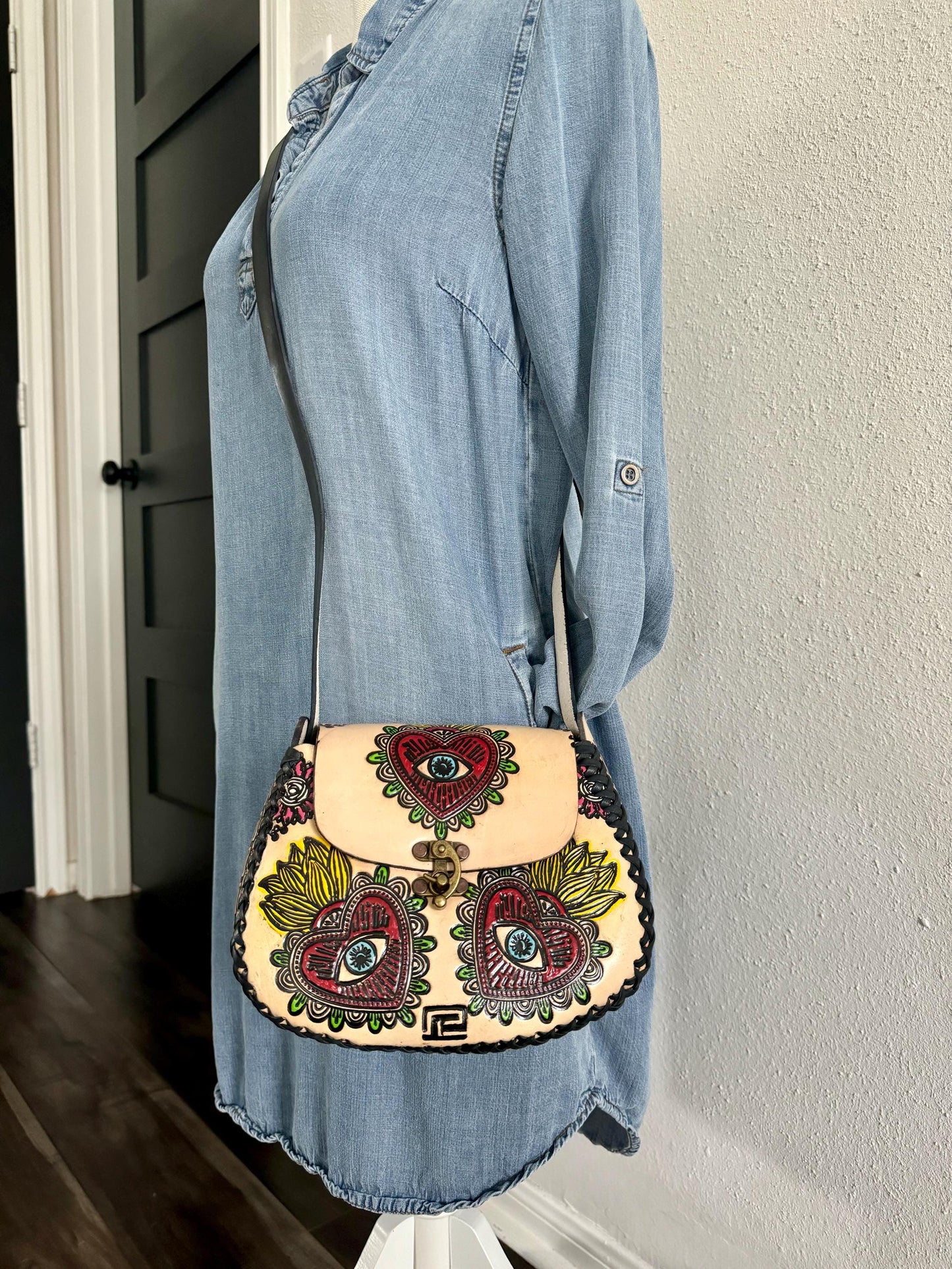 Hand-Tooled Leather Purse, Embossed Floral Evil Eye, Mexican Handbag