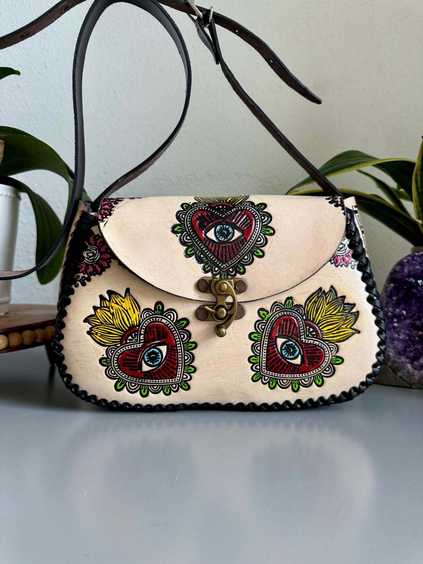 Structured Hand Tooled Leather Crossbody – Floral Evil Eye Mexican Artisan Purse – Double Sided Genuine Leather Bag