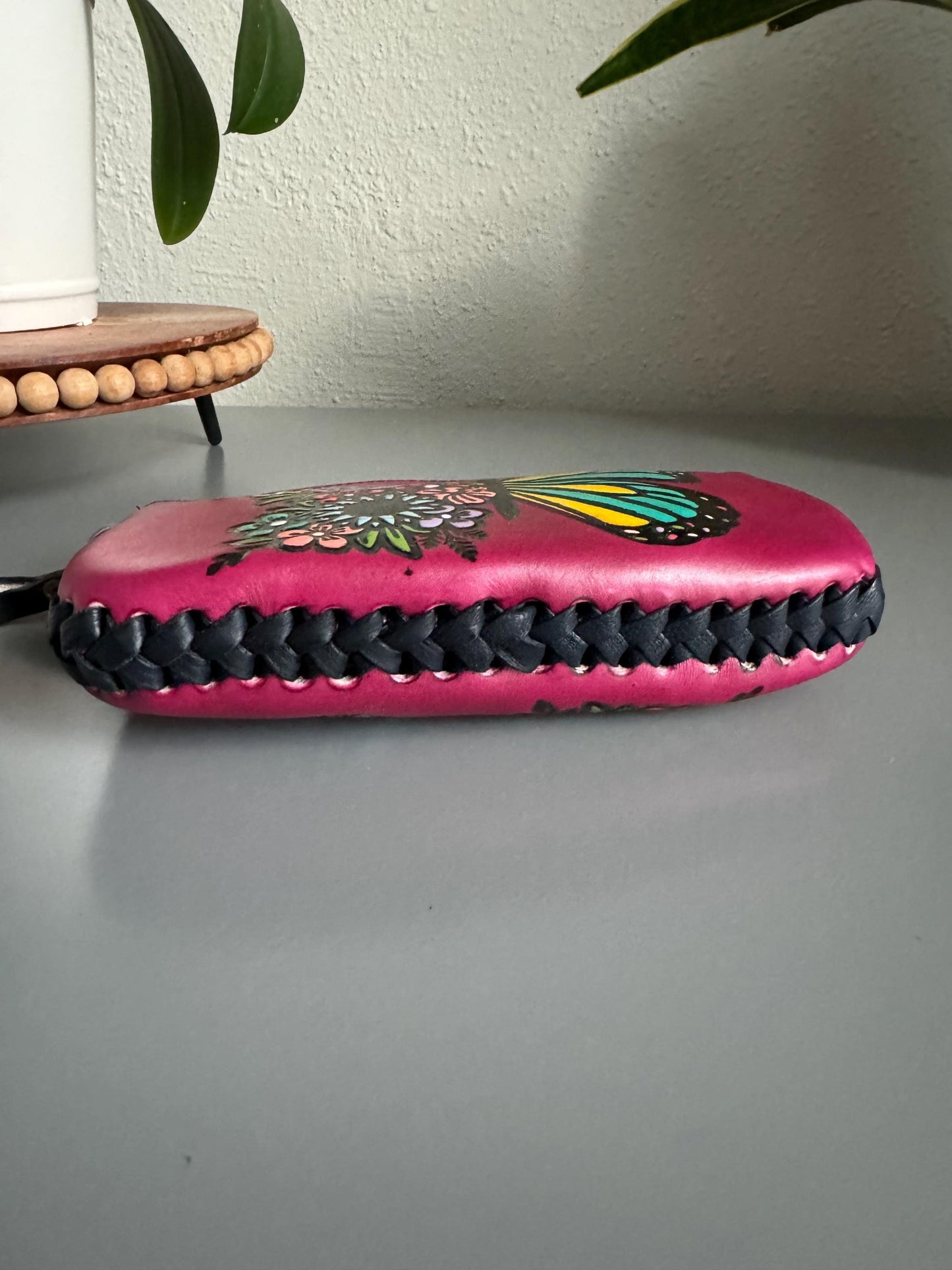 Hand-Tooled Leather Wristlet: Embossed Floral Butterfly, Mexican Cincelada Art