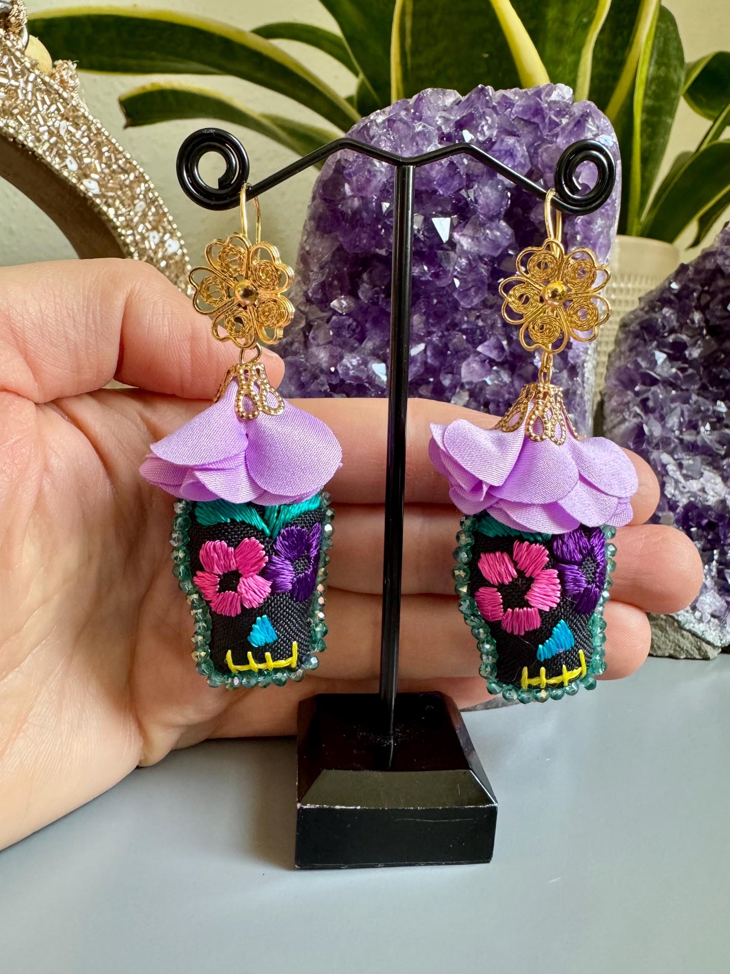 Embroidered Sugarskull Earrings, Traditional Mexican Dia De Los Muertos Joyeria, Halloween Earrings and Necklace Jewelry, Artesania Mexicana