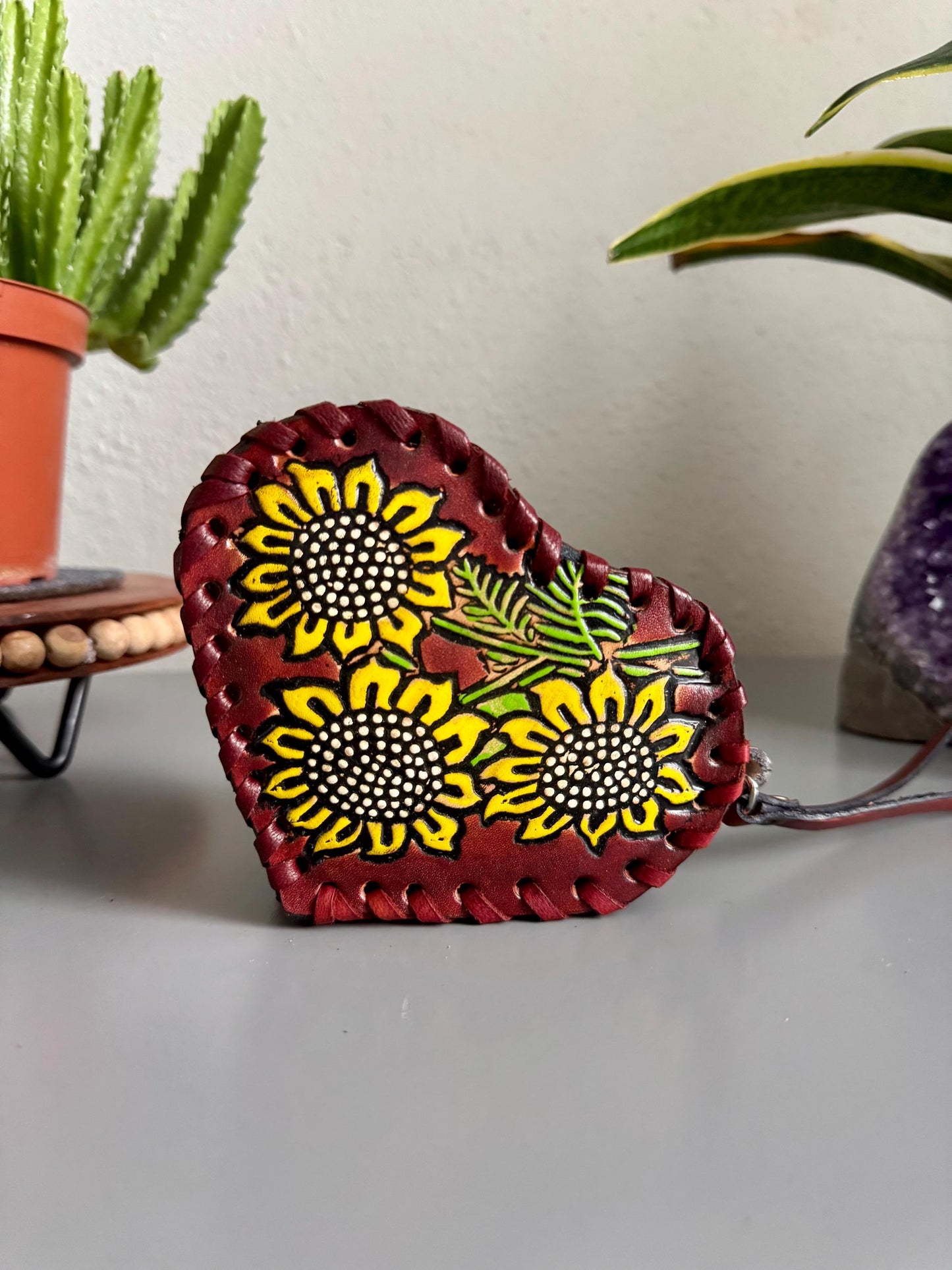 Handmade Heart Purse: Embossed Leather Floral Wristlet, Mexican Tooled Bag