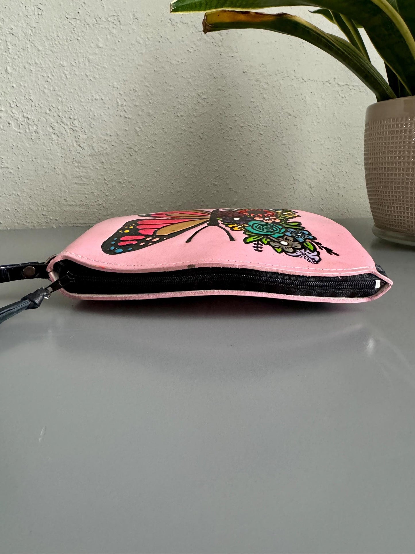 Hand-Tooled Leather Wristlet: Embossed Floral Design, Made in Mexico