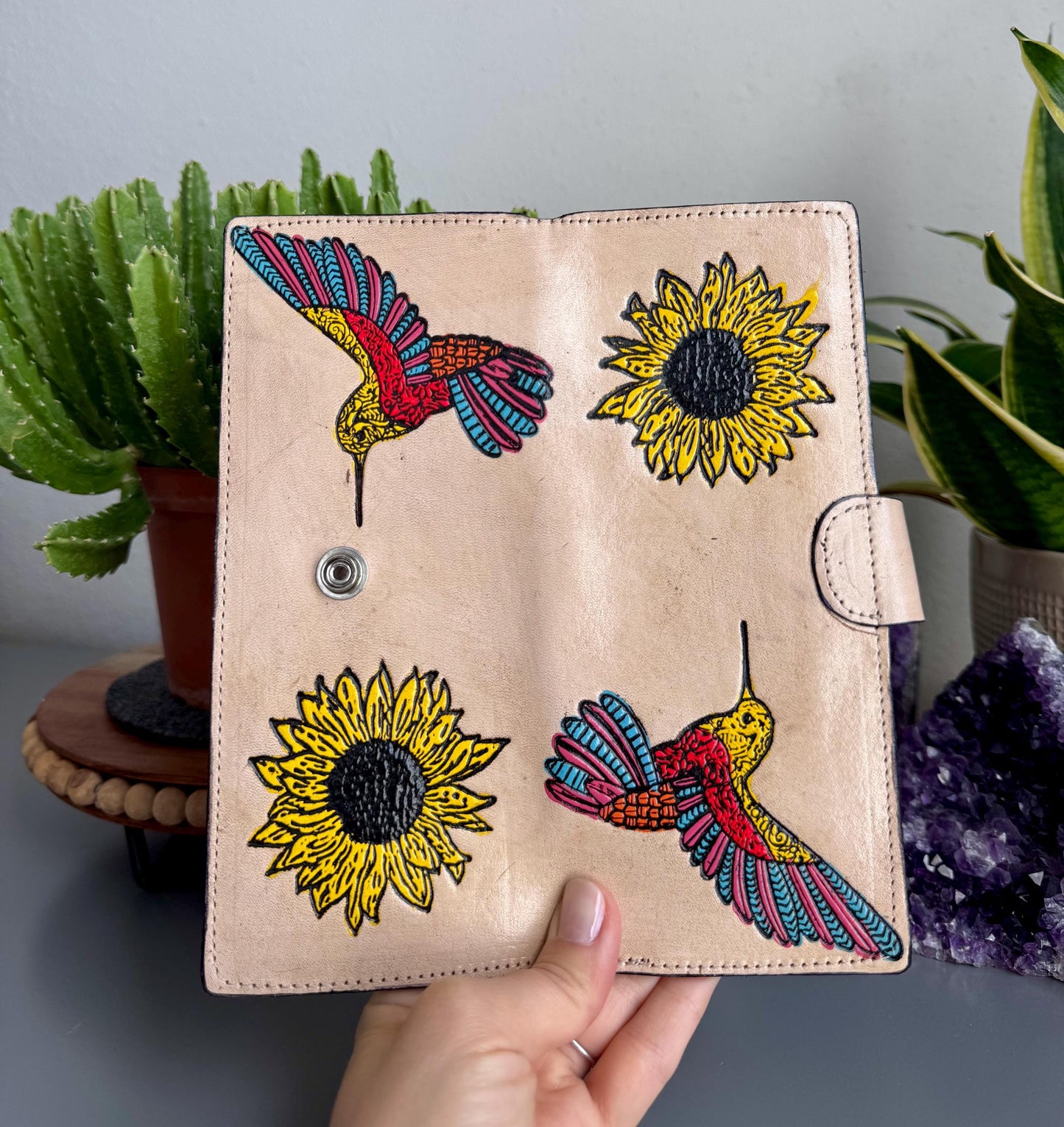 Hand Tooled Leather Wallet: Artisan Hummingbird and Sunflower Design