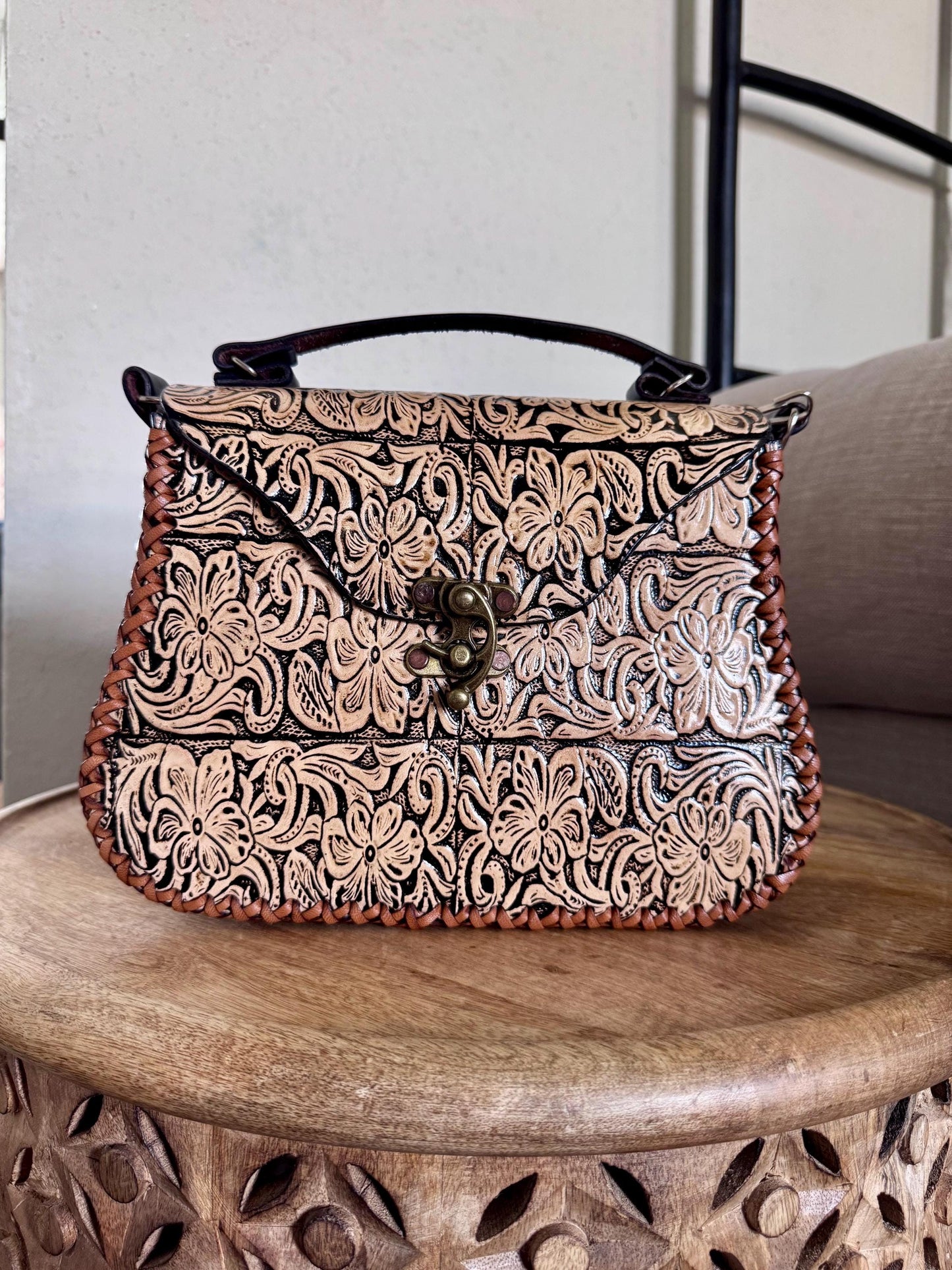 Hand Tooled Leather Crossbody Bag – Mexican Artisan Floral Purse, Western Style