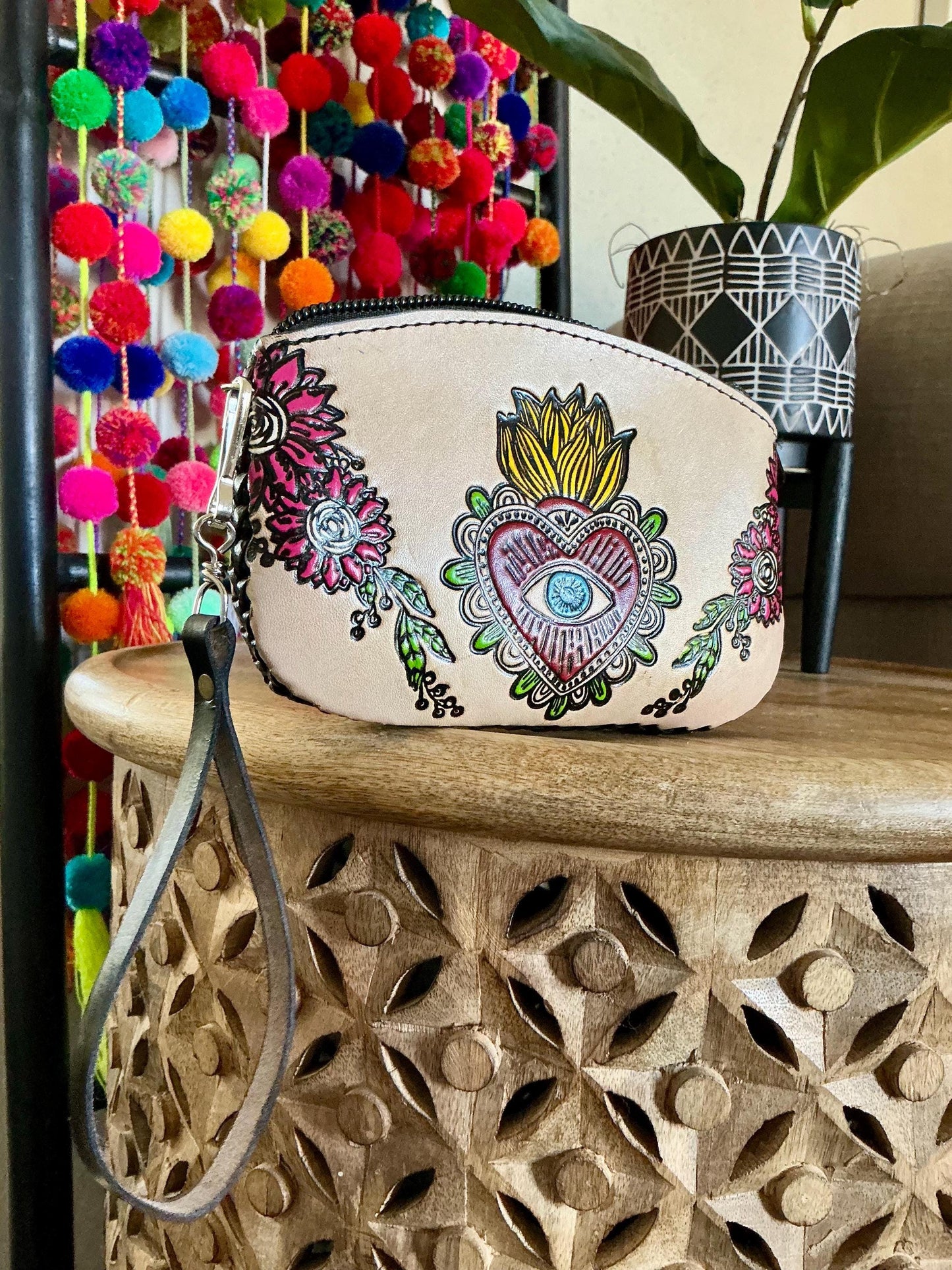 Handtooled Leather Wristlet, Cosmetic Pouch, Leather Purse Accessories, Floral Evil Eye Design