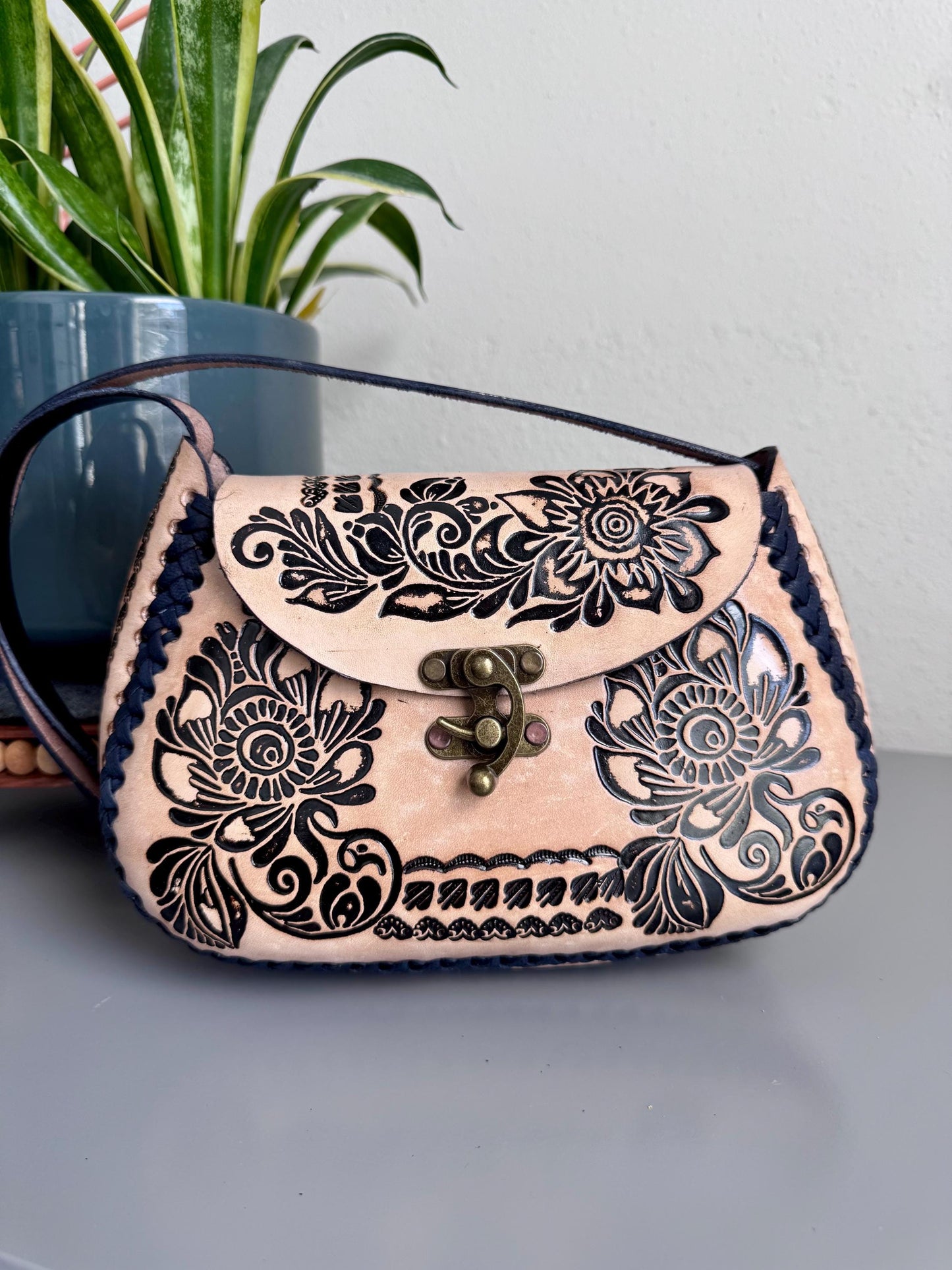 Hand-Tooled Leather Floral Crossbody Purse, Mexican Artisan Handbag