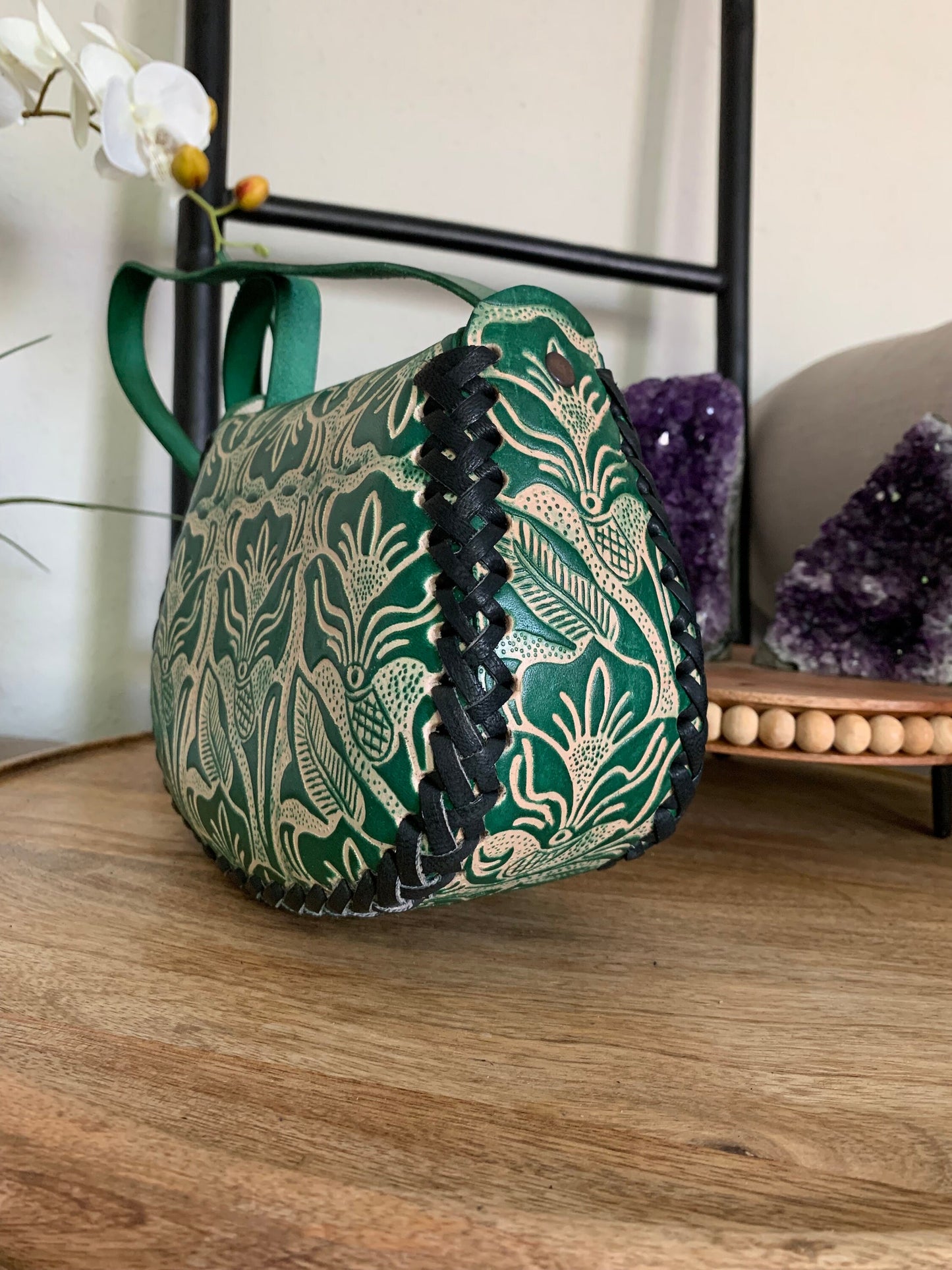 Hand-Tooled Embossed Mexican Leather Floral Purse, Handmade Leather Bag, Hand painted Artisanal Tooled Leather Handbag