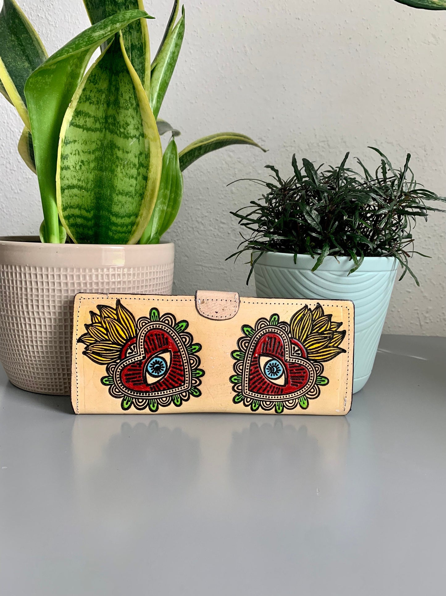 Hand Tooled Leather Wallet, Genuine Handmade Artisan Leather Evil Eye Wallet, Mexican Mal de Ojo Moderno De Piel
