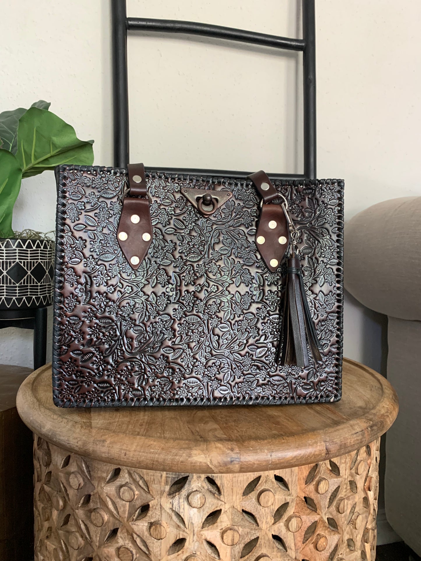 Hand Tooled Mexican Leather Tote Bag