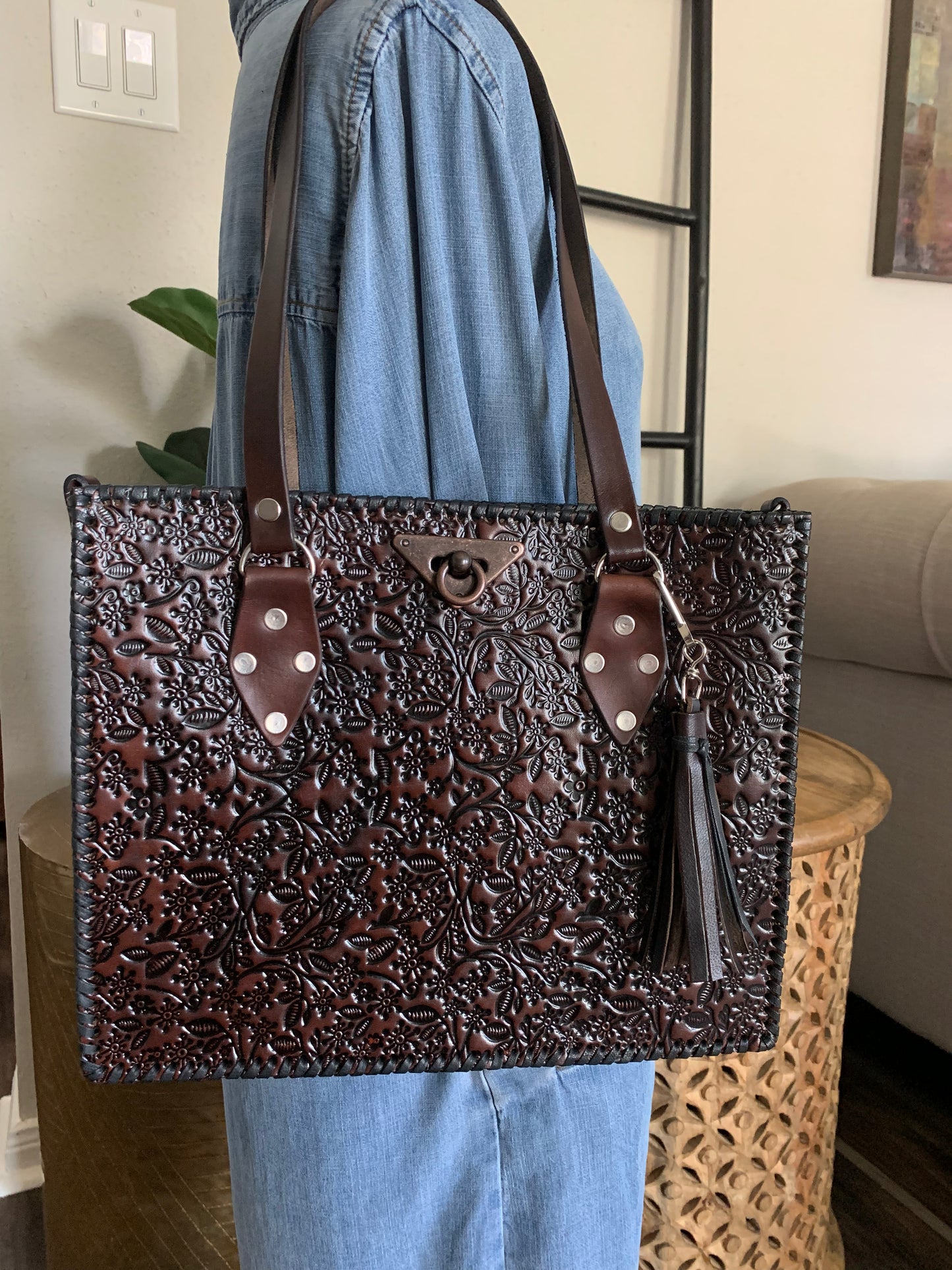 Hand Tooled Mexican Leather Tote Bag