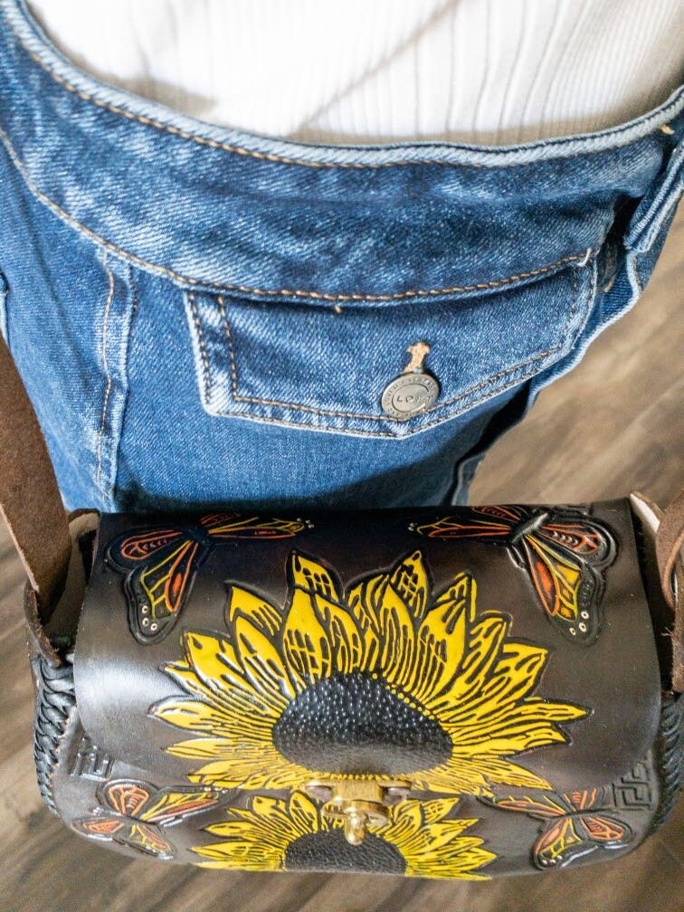Hand Tooled Leather Sunflower Butterfly Crossbody Purse – Floral Mexican Artisan Bag – Structured Genuine Leather