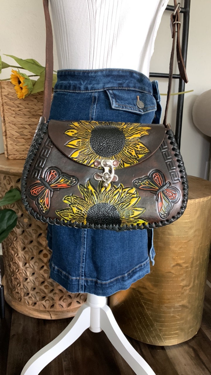 Hand Tooled Leather Sunflower Butterfly Crossbody Purse – Floral Mexican Artisan Bag – Structured Genuine Leather