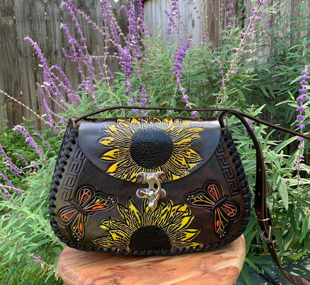 Hand Tooled Leather Sunflower Butterfly Crossbody Purse – Floral Mexican Artisan Bag – Structured Genuine Leather