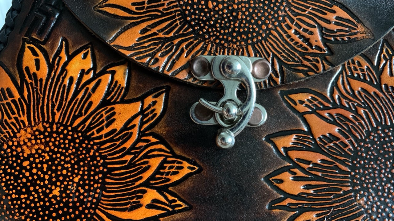 Hand Tooled Leather Crossbody Purse – Sunflower Artisan Bag, Mexican Cincelada Technique