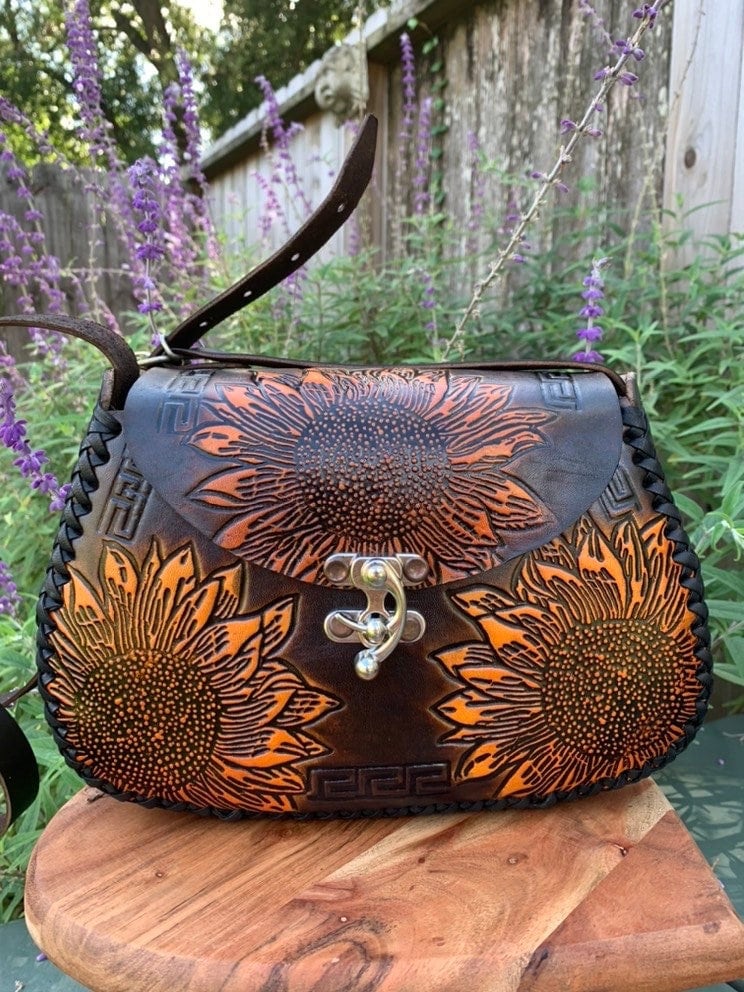 Hand Tooled Leather Crossbody Purse – Sunflower Artisan Bag, Mexican Cincelada Technique