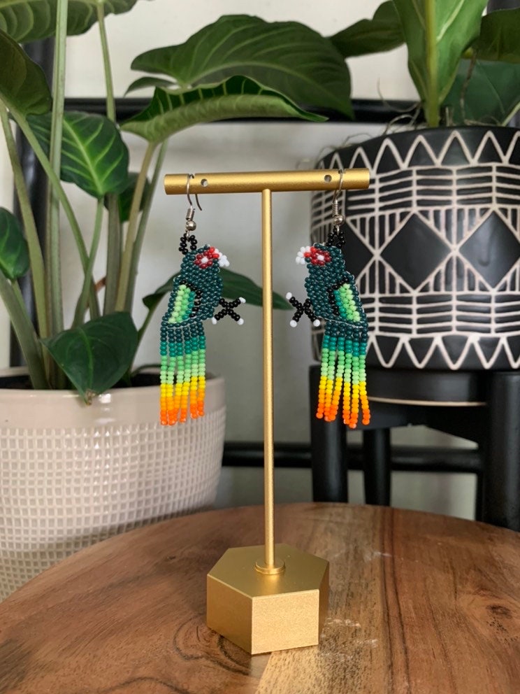 Handmade Beaded Earrings, Wixarika Beaded Earrings, Parrot Oaxaca Mexican Artisan Made, Huichol Earrings, Aretes Mexicanos / Chaquira