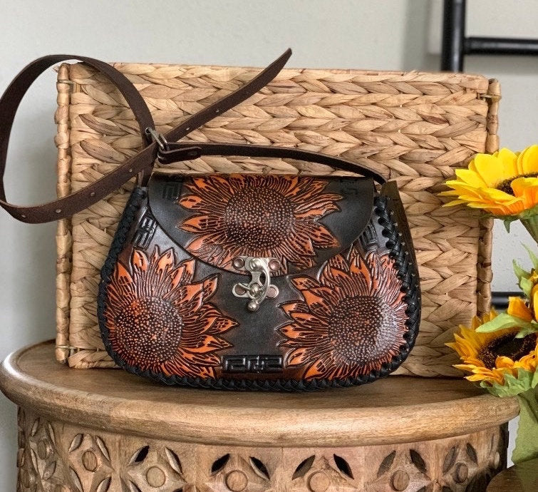 Hand Tooled Leather Crossbody Purse – Sunflower Artisan Bag, Mexican Cincelada Technique