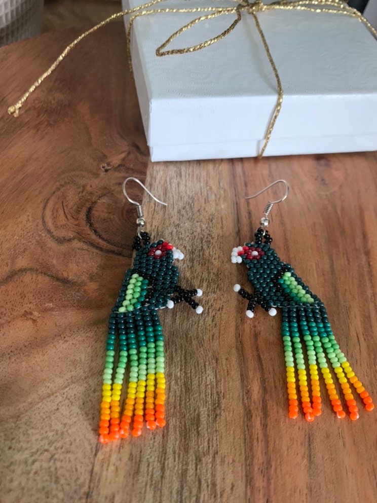 Handmade Beaded Earrings, Wixarika Beaded Earrings, Parrot Oaxaca Mexican Artisan Made, Huichol Earrings, Aretes Mexicanos / Chaquira