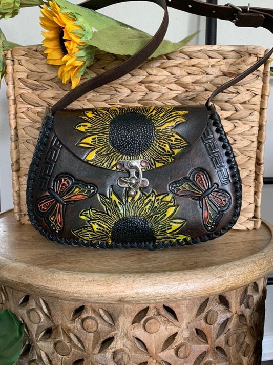 Hand Tooled Leather Sunflower Butterfly Crossbody Purse – Floral Mexican Artisan Bag – Structured Genuine Leather