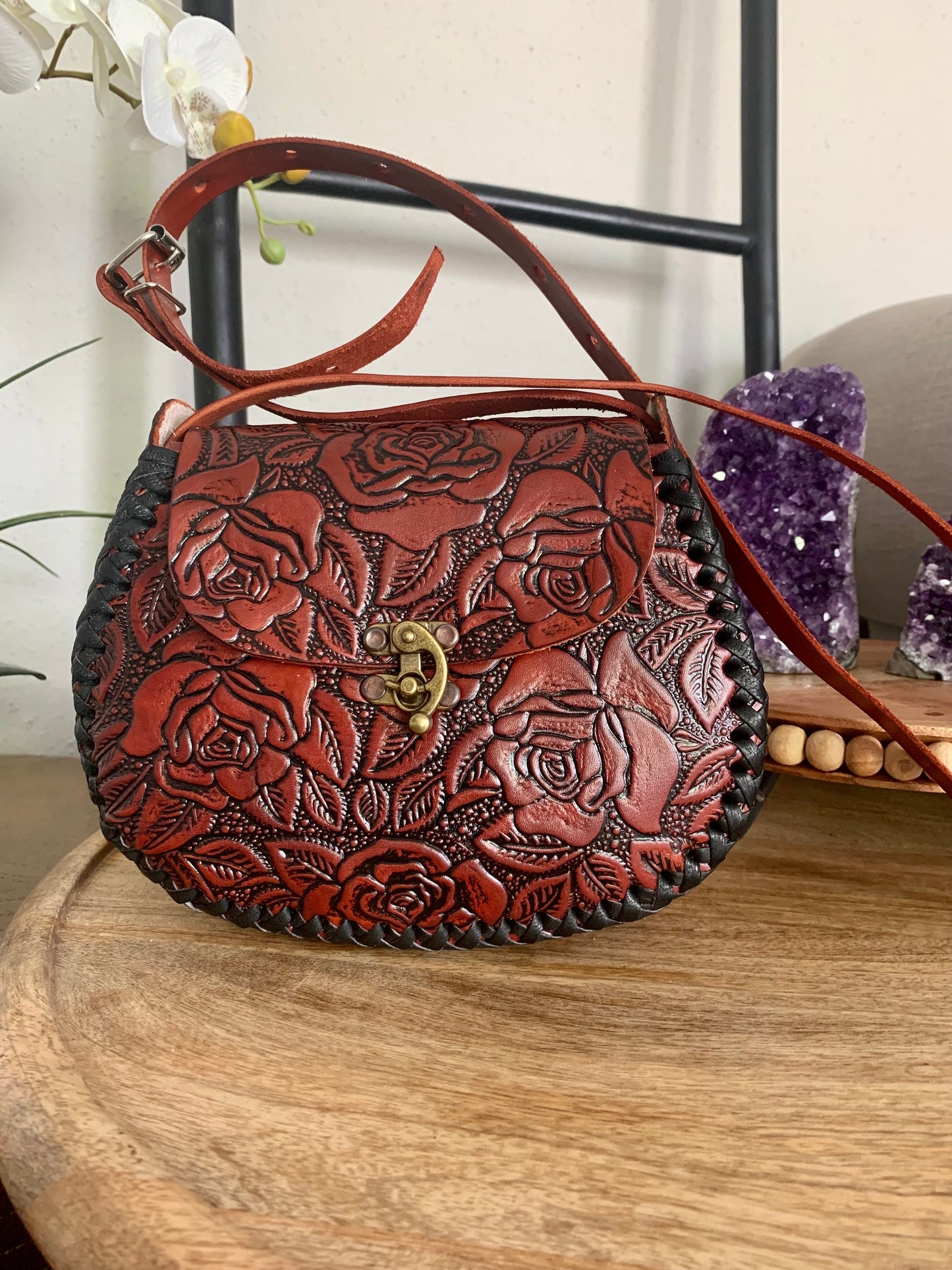 Hand-Tooled Mexican Leather Floral Purse