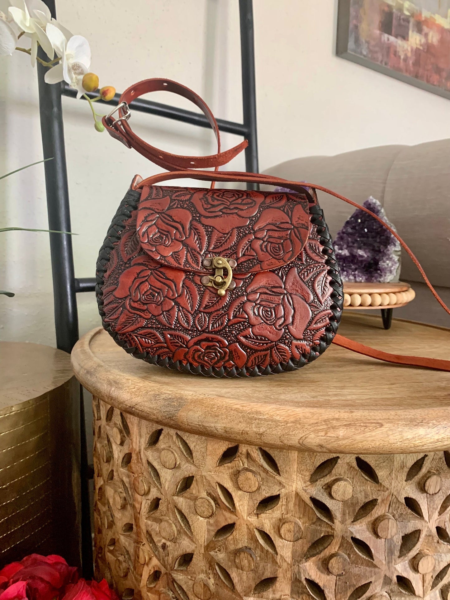 Hand-Tooled Mexican Leather Floral Purse