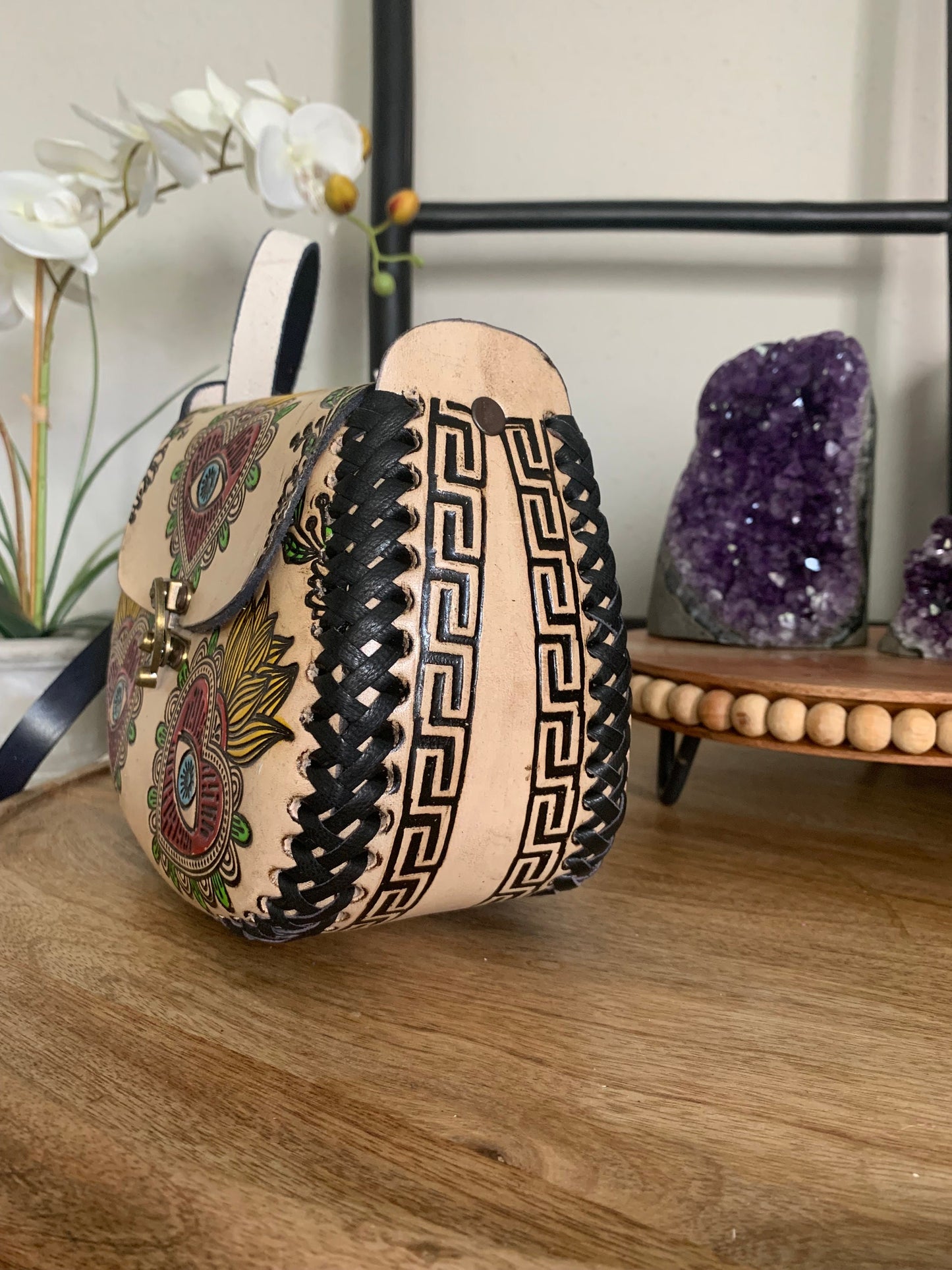 Structured Hand Tooled Leather Crossbody – Floral Evil Eye Mexican Artisan Purse – Double Sided Genuine Leather Bag