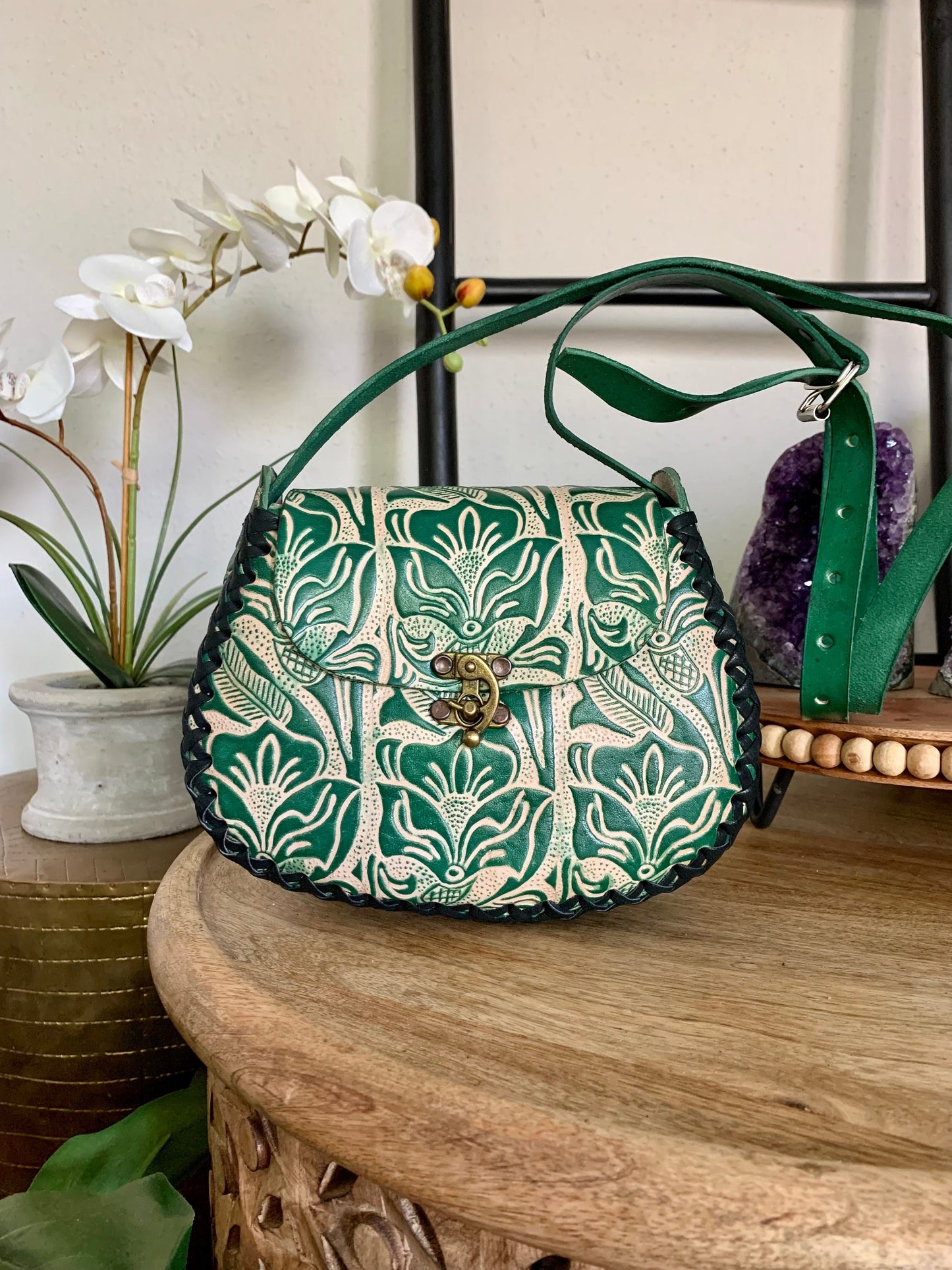Hand-Tooled Leather Floral Crossbody Bag, Mexican Handbag