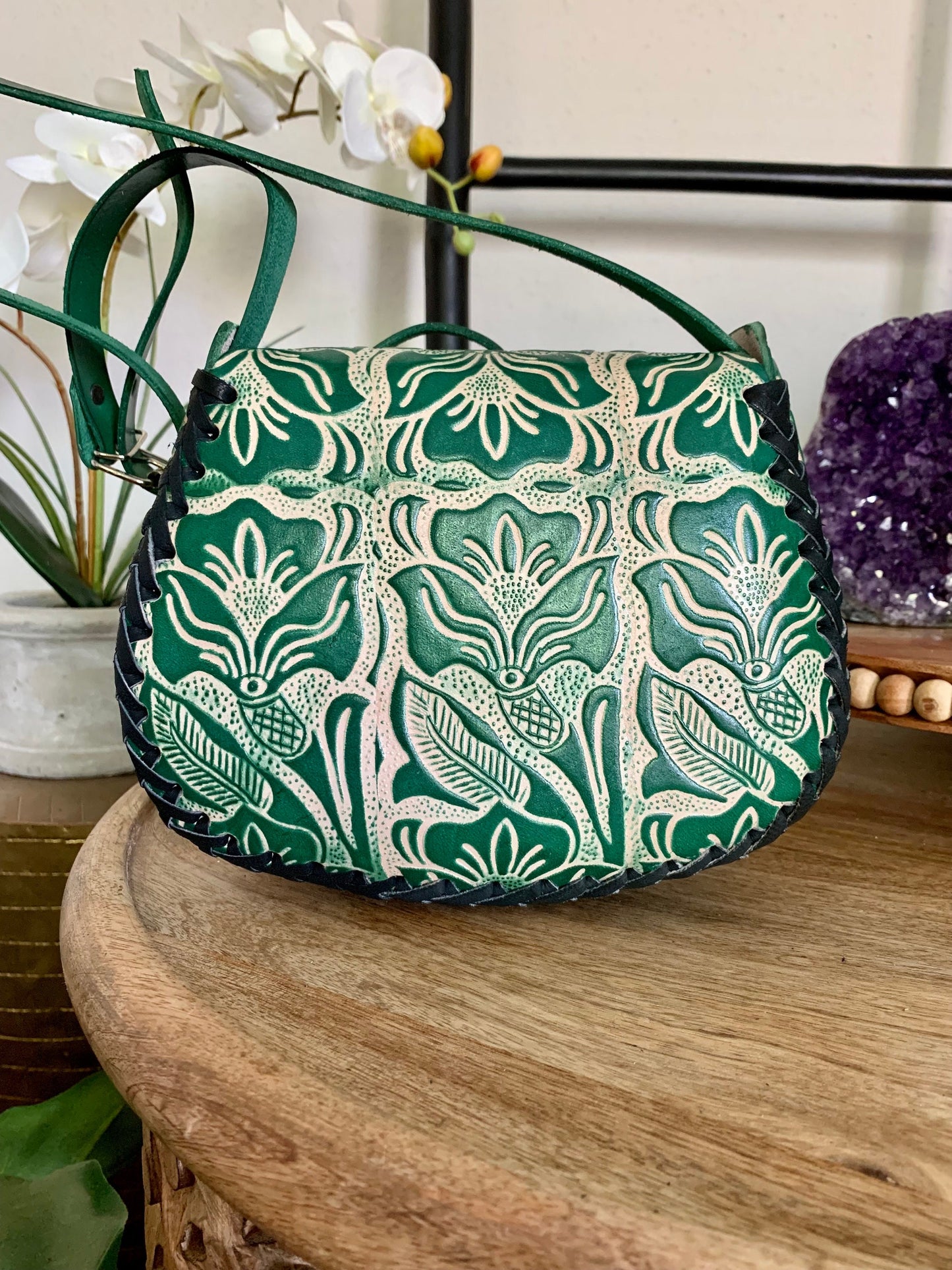 Hand-Tooled Leather Floral Crossbody Bag, Mexican Handbag
