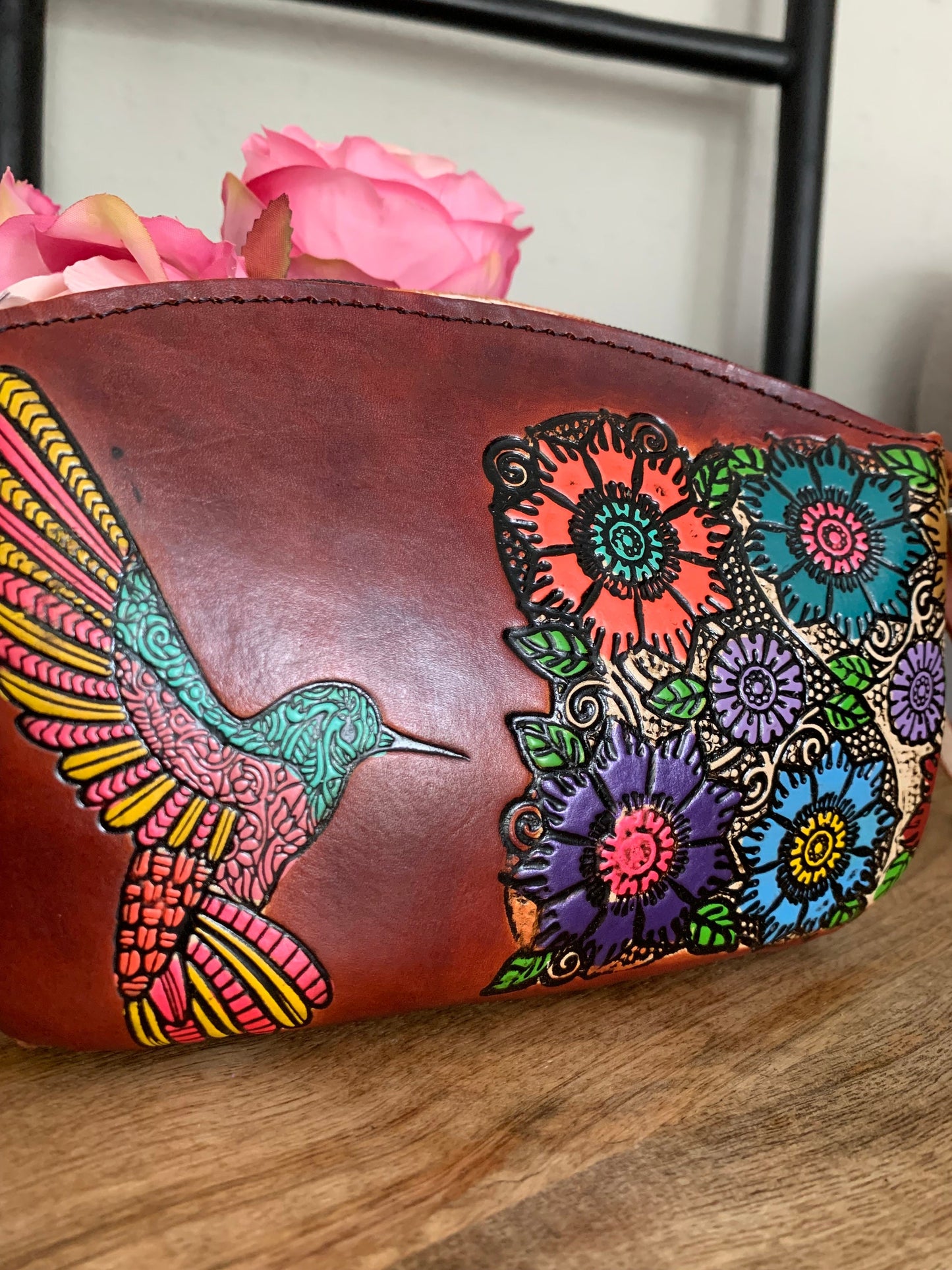 Hand-Tooled Embossed Leather Floral Hummingbird Wristlet, Genuine Mexican Leather, Made in Mexico using the Cincelada Technique