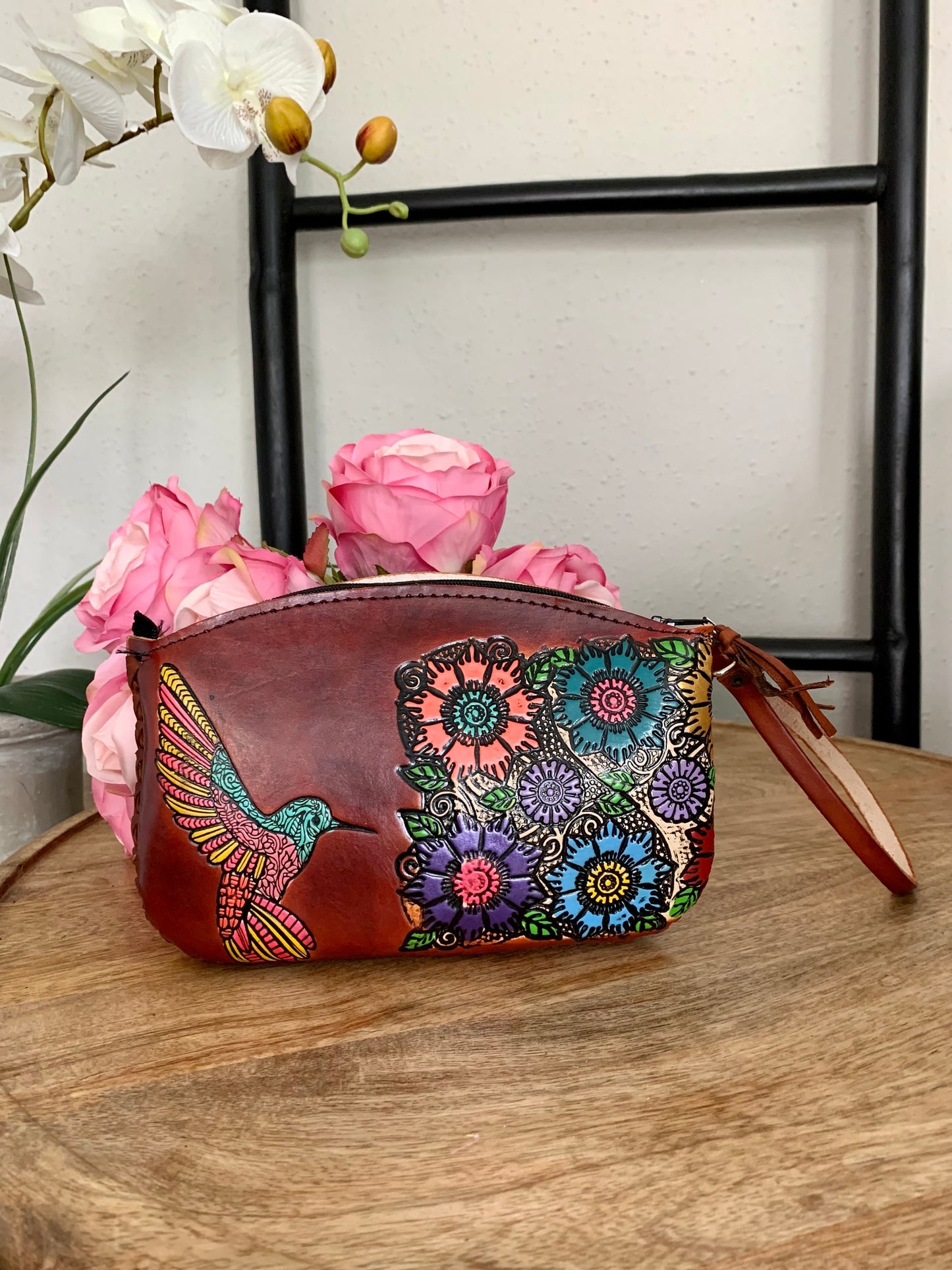 Hand-Tooled Embossed Leather Floral Hummingbird Wristlet, Genuine Mexican Leather, Made in Mexico using the Cincelada Technique