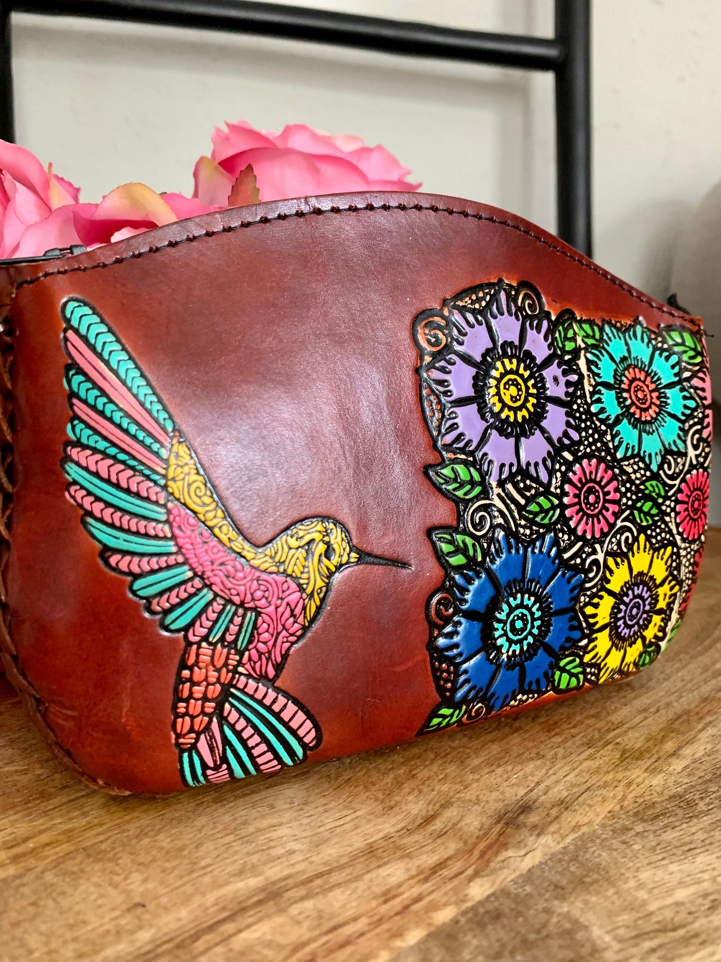 Hand-Tooled Embossed Leather Floral Hummingbird Wristlet, Genuine Mexican Leather, Made in Mexico using the Cincelada Technique