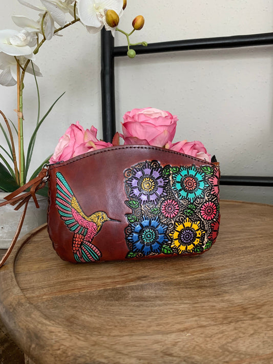 Hand-Tooled Embossed Leather Floral Hummingbird Wristlet, Genuine Mexican Leather, Made in Mexico using the Cincelada Technique