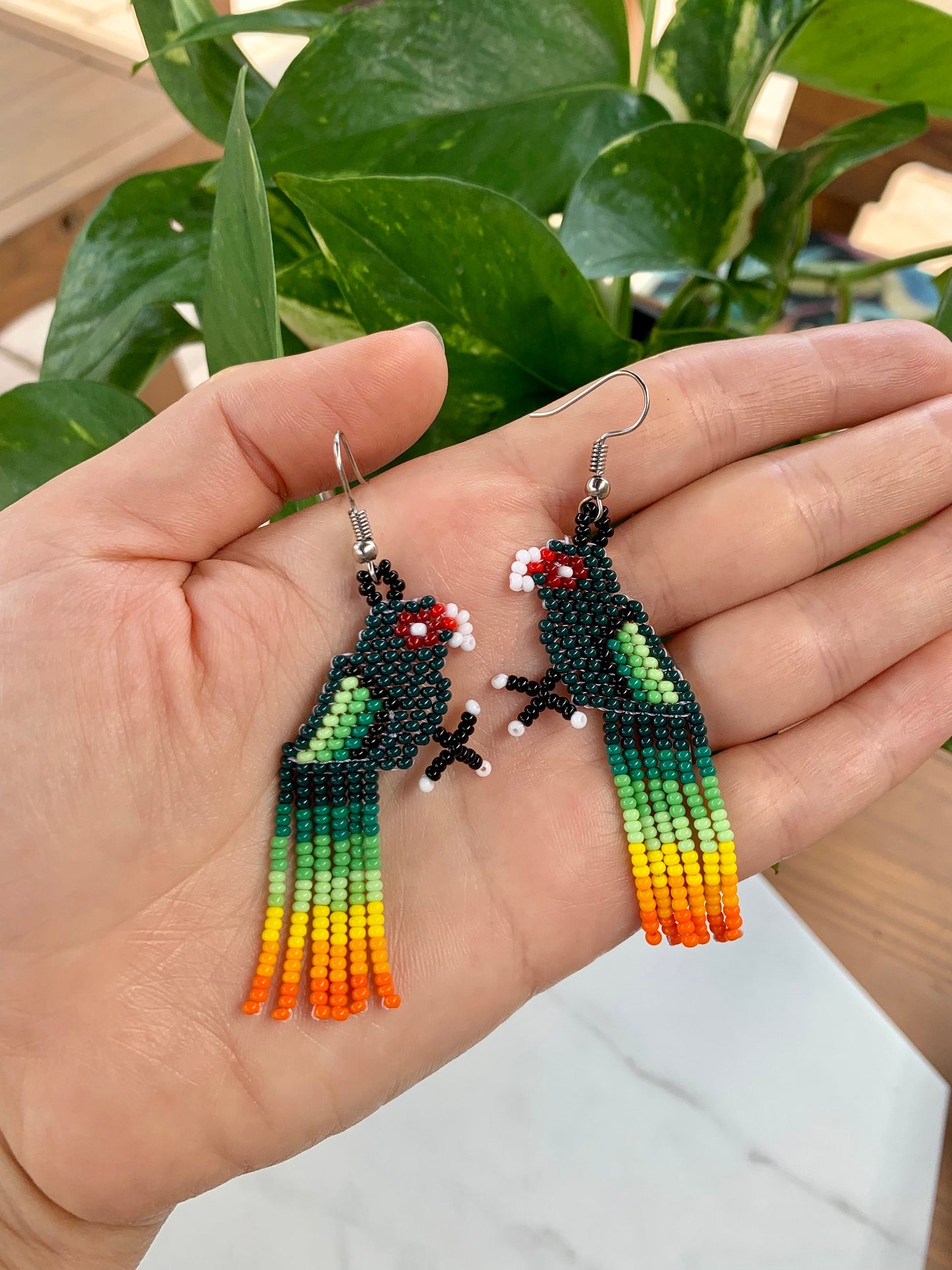 Handmade Beaded Earrings, Wixarika Beaded Earrings, Parrot Oaxaca Mexican Artisan Made, Huichol Earrings, Aretes Mexicanos / Chaquira