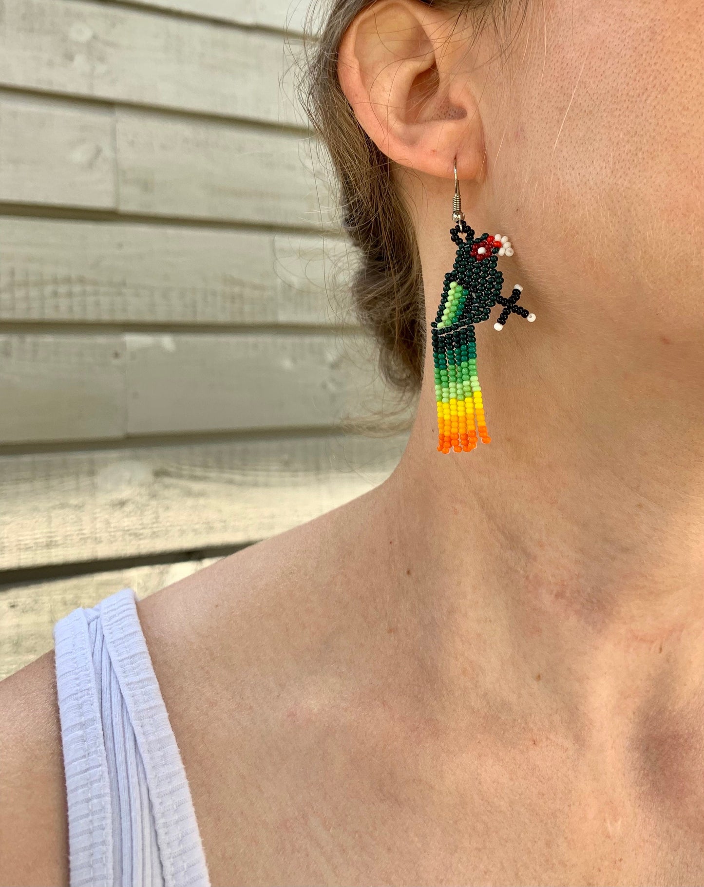 Handmade Beaded Earrings, Wixarika Beaded Earrings, Parrot Oaxaca Mexican Artisan Made, Huichol Earrings, Aretes Mexicanos / Chaquira