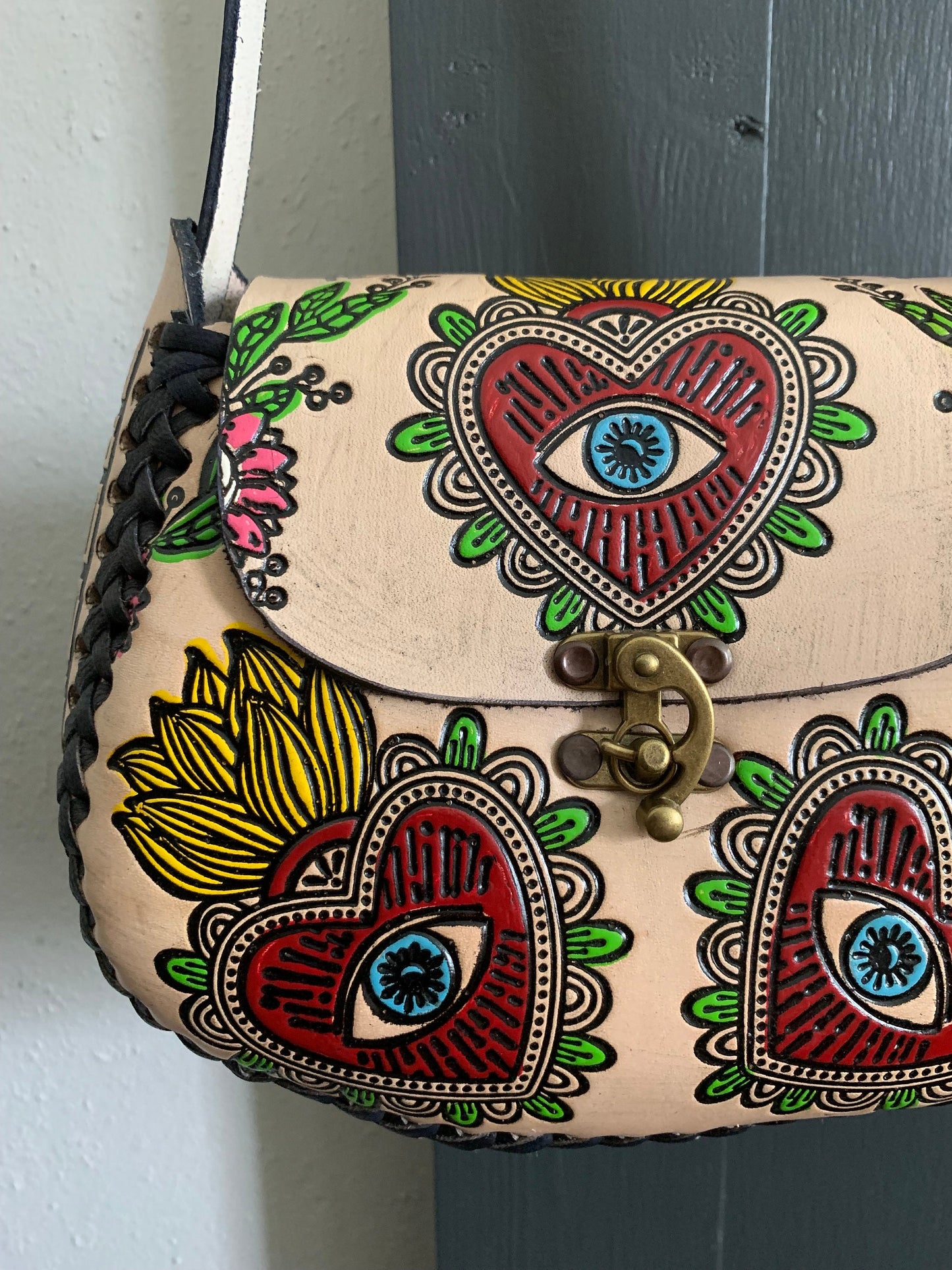 Hand-Tooled Embossed Leather Evil Eye and Sacred Heart Floral Purse: Mexican Artisan Handbag