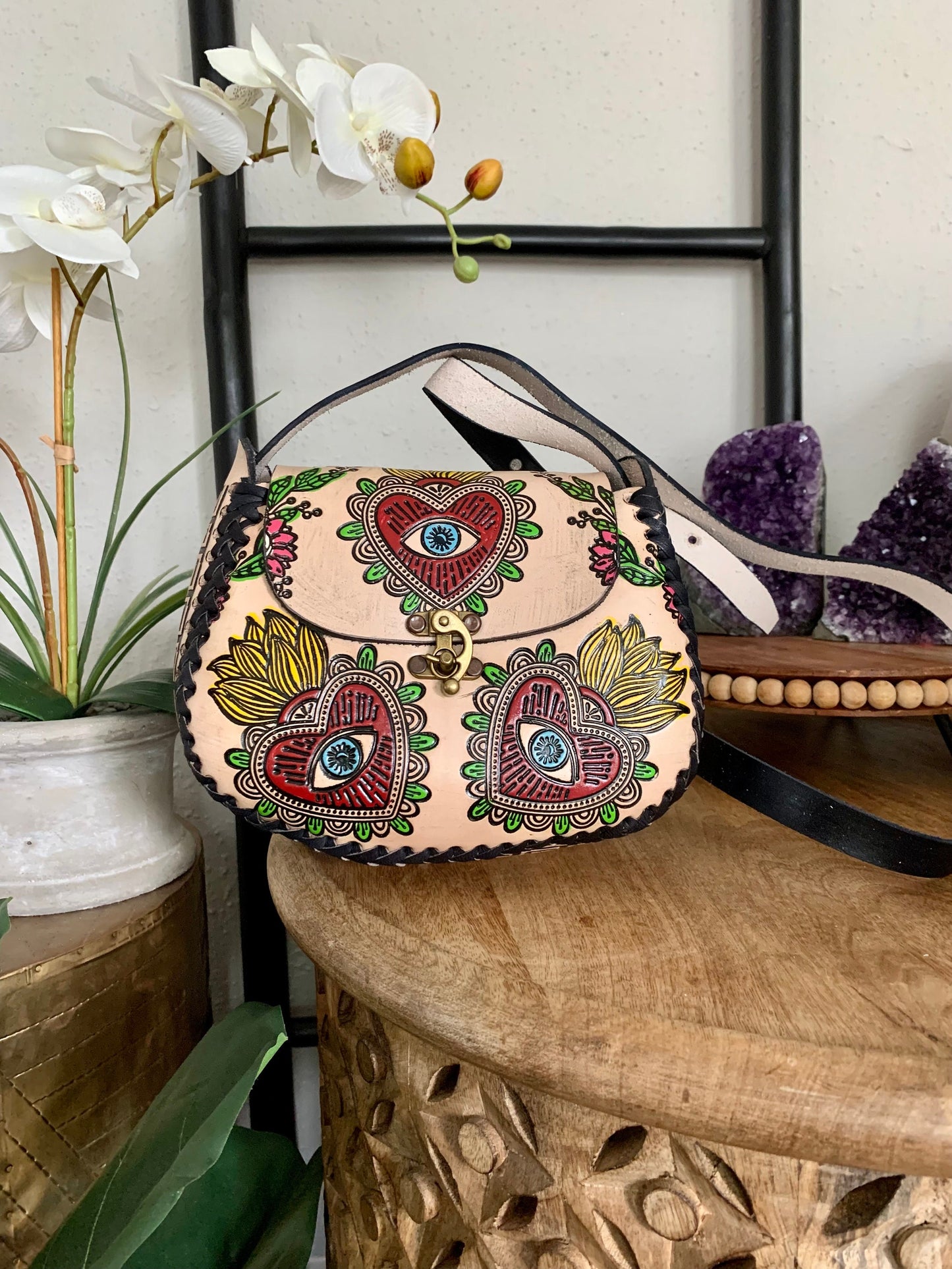 Hand-Tooled Embossed Leather Evil Eye and Sacred Heart Floral Purse: Mexican Artisan Handbag
