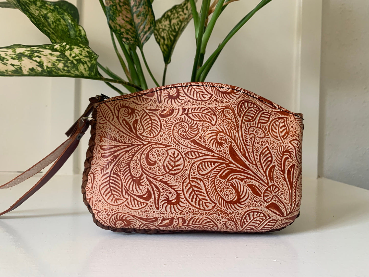 Hand-Tooled Leather Floral Wristlet: Genuine Mexican Leather